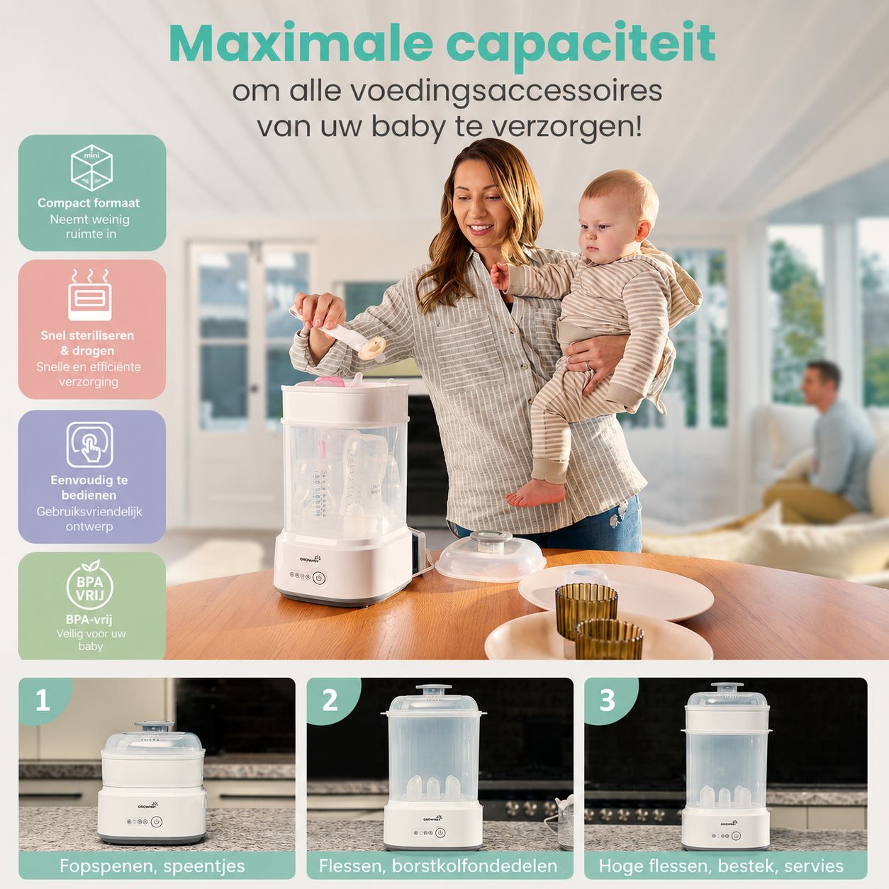 Een vrouw met baby gebruikt een witte stoomsterilisator voor babyflaschen.