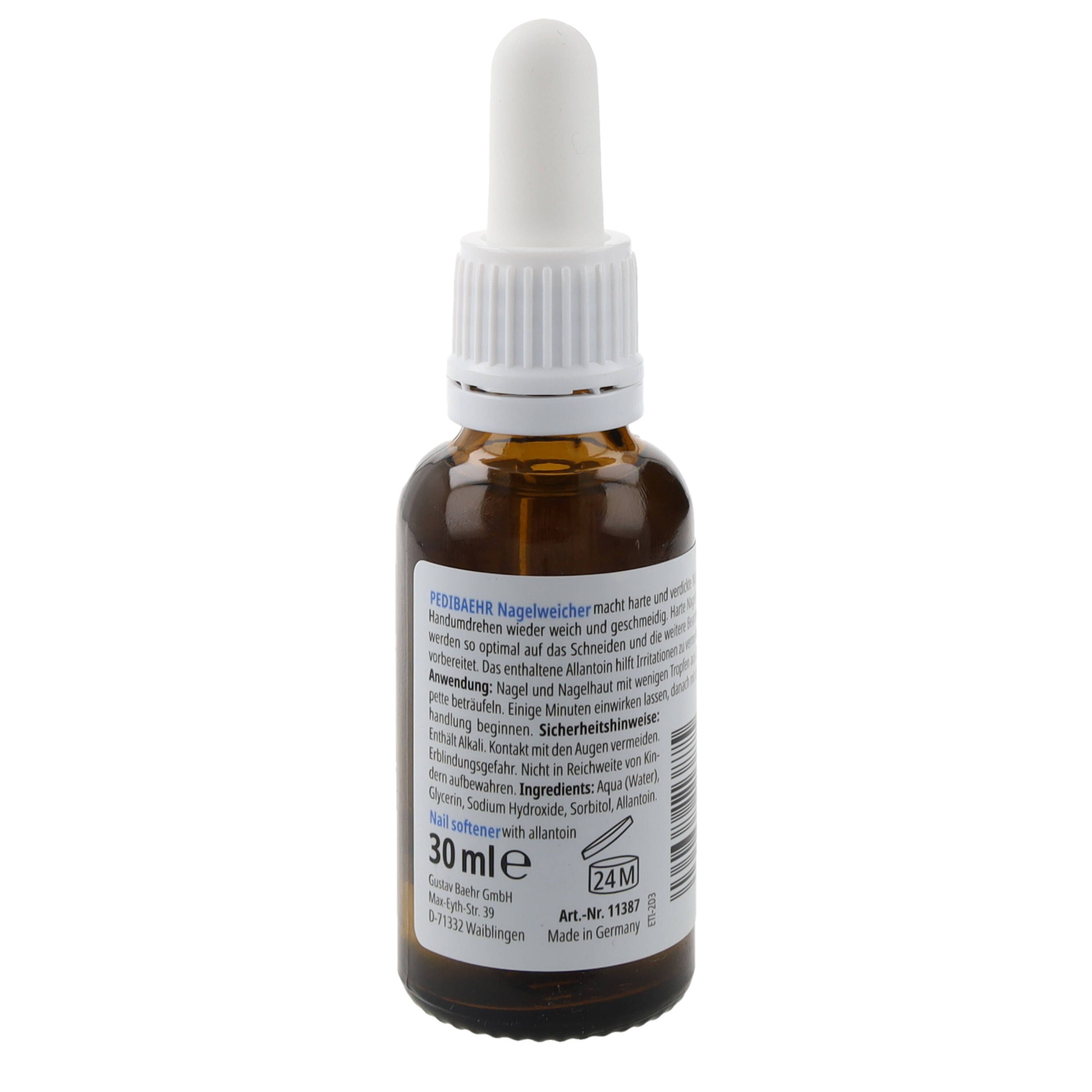 Bruine glazen fles met witte druppelaar. Etiket met tekst. 30 ml. Fles staat rechtop.