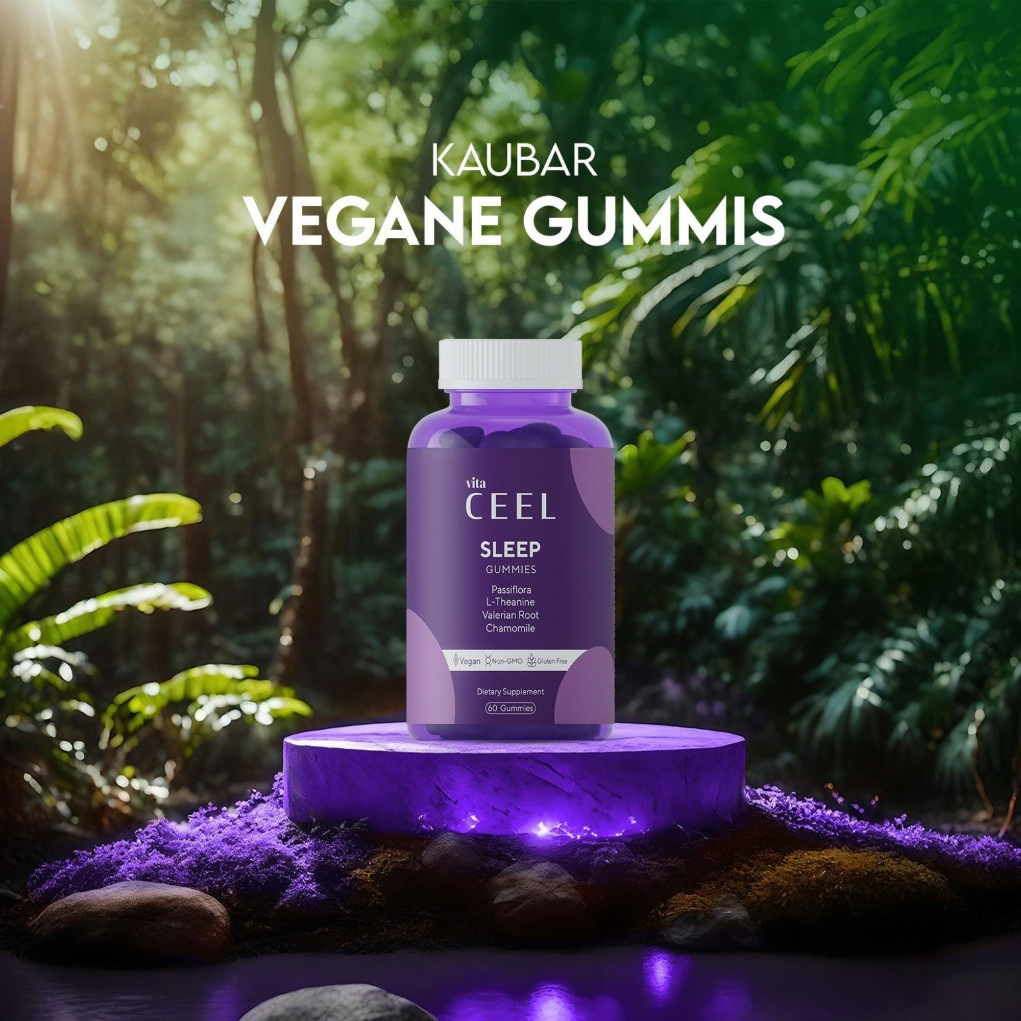 Bouteille de Vita Ceel Sleep Gummies sur un piédestal dans un environnement de jungle.