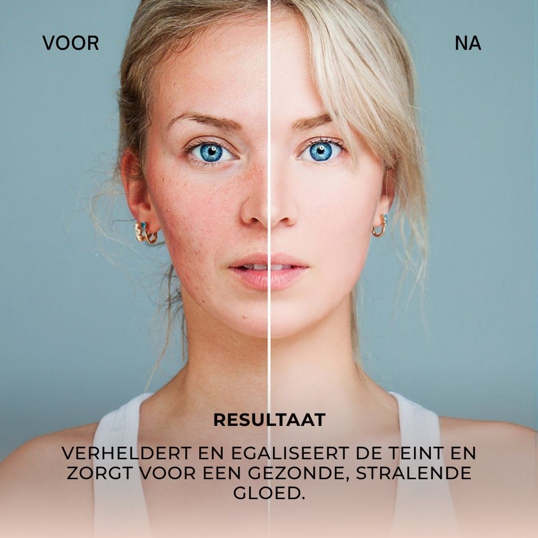 Serumfles met tekst. Tekst: Dr. SEA, Rejuvenating Brightening Serum, Arbutin & Niacinamide. Met infographic.
