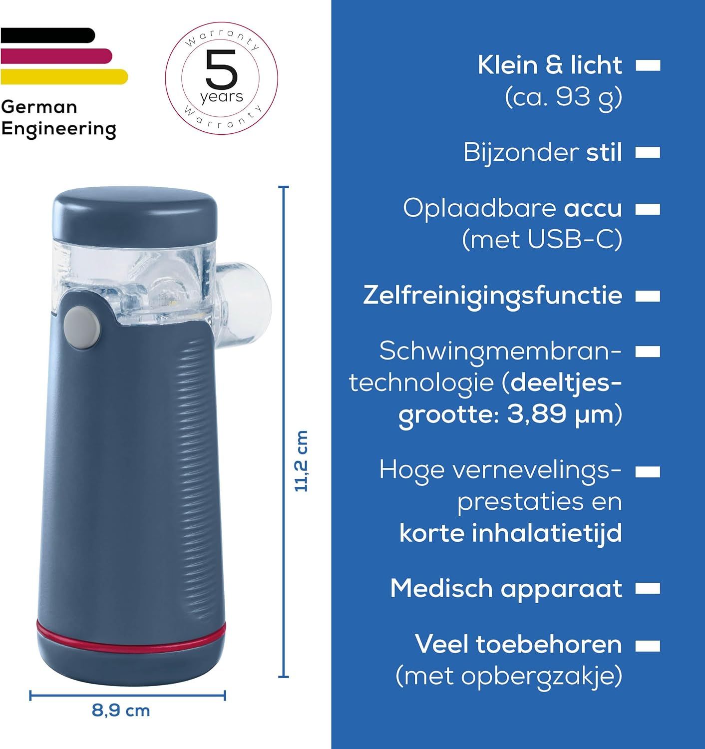Een draagbaar inhalatieapparaat, 8,9 cm breed en 11,2 cm hoog, met USB-C oplaadpoort en 5 jaar garantie.