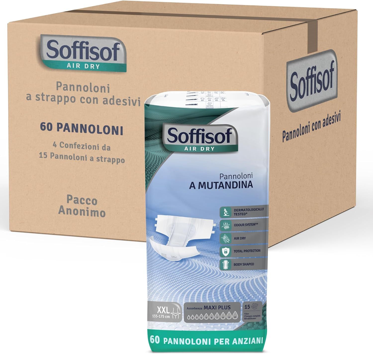 Verpakking Soffisof Air Dry Maxi Plus volwassen luiers. 60 stuks. Doos met verpakkingen.