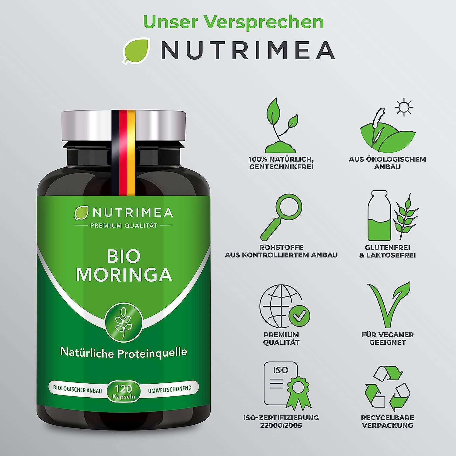 Onze belofte: 100% natuurlijk, zonder GGO's, uit biologische landbouw. Fles BIO Moringa.