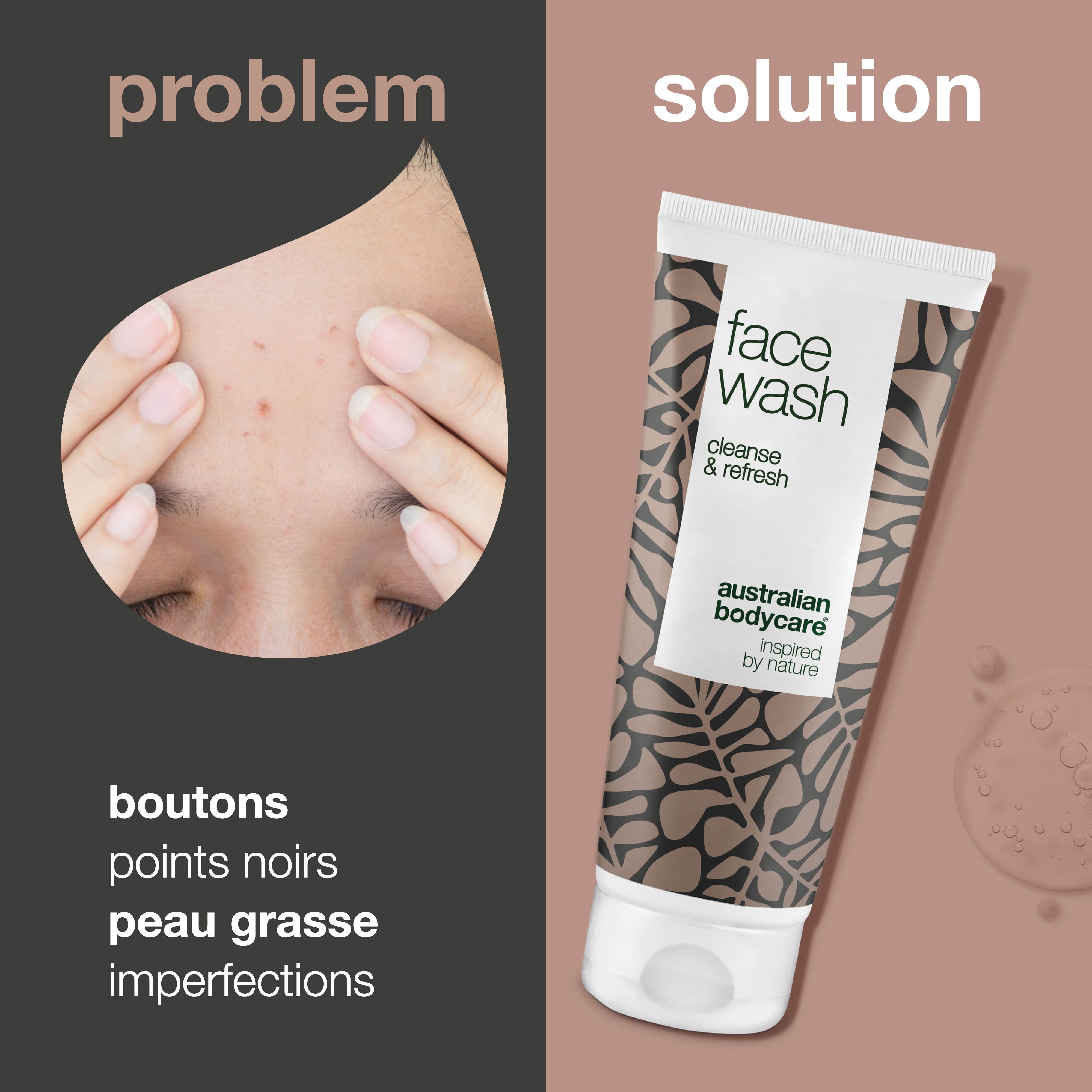 Comparaison des problèmes de peau et du nettoyant visage. Inscription : face wash. Marque : Australian Bodycare.