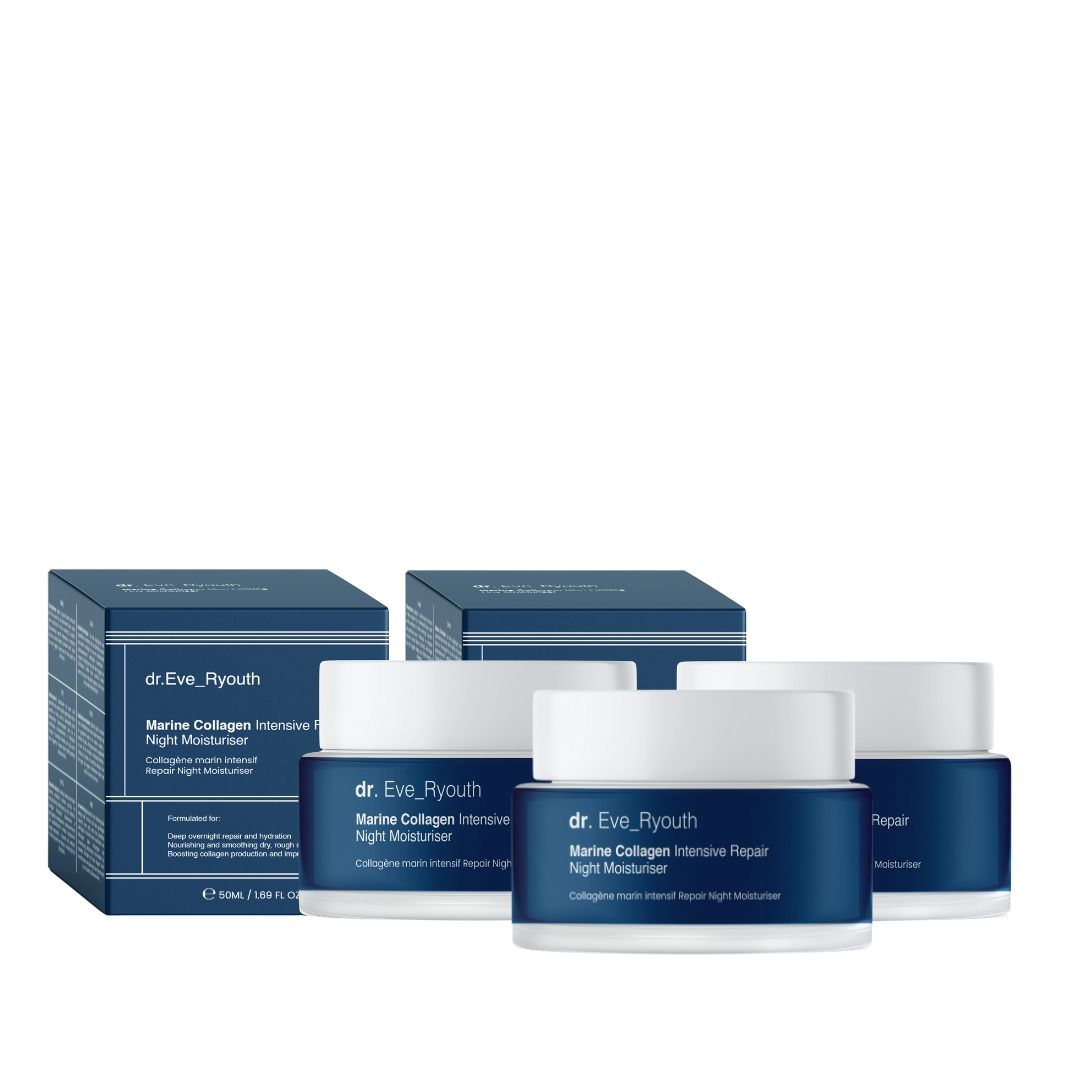 Drie potten en twee dozen. Op de potten staat "dr. Eve_Ryouth Marine Collagen Intensive Repair Night Moisturiser".