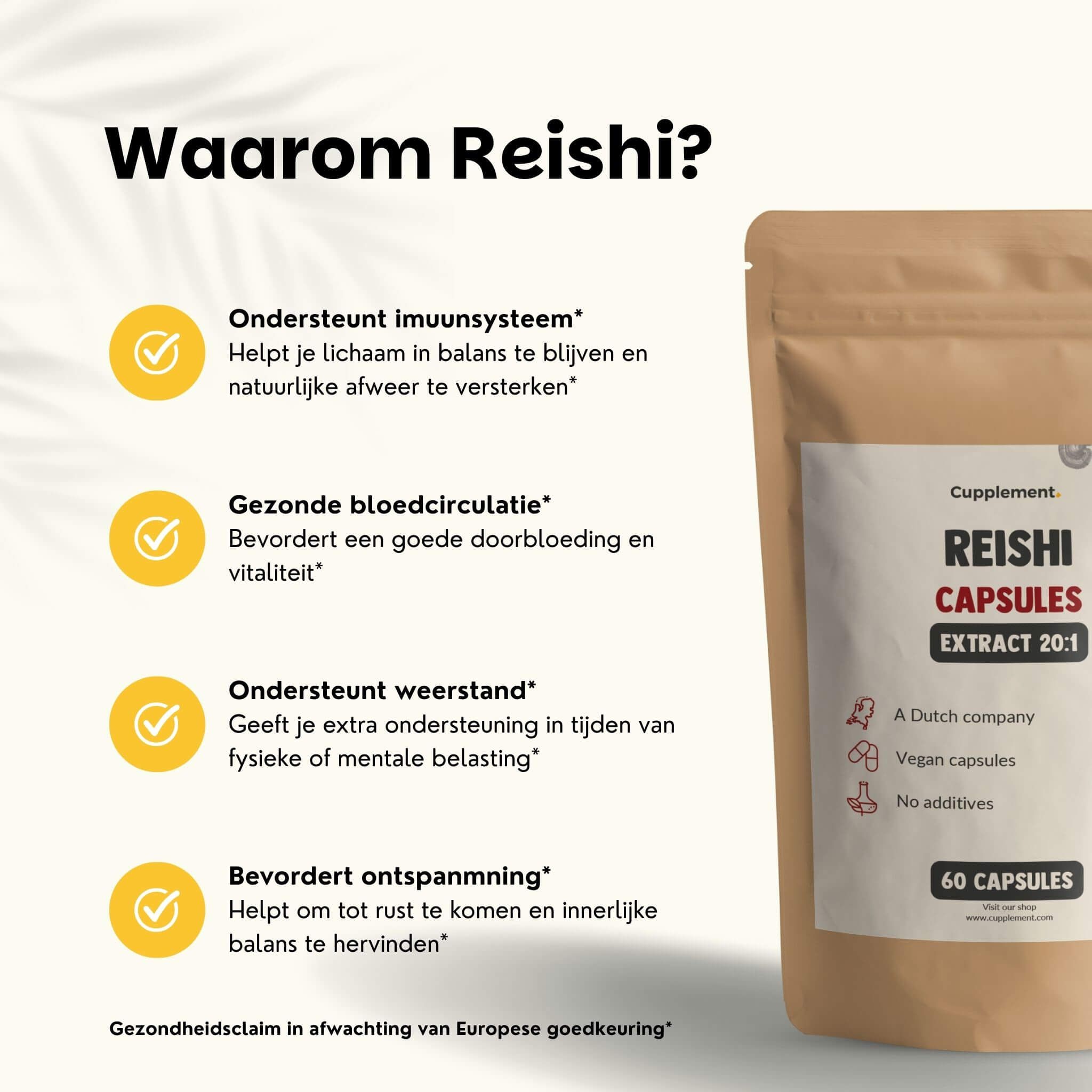 Reishi capsules. Ondersteunt immuunsysteem, bloedsomloop, weerstand en ontspanning. 60 capsules.