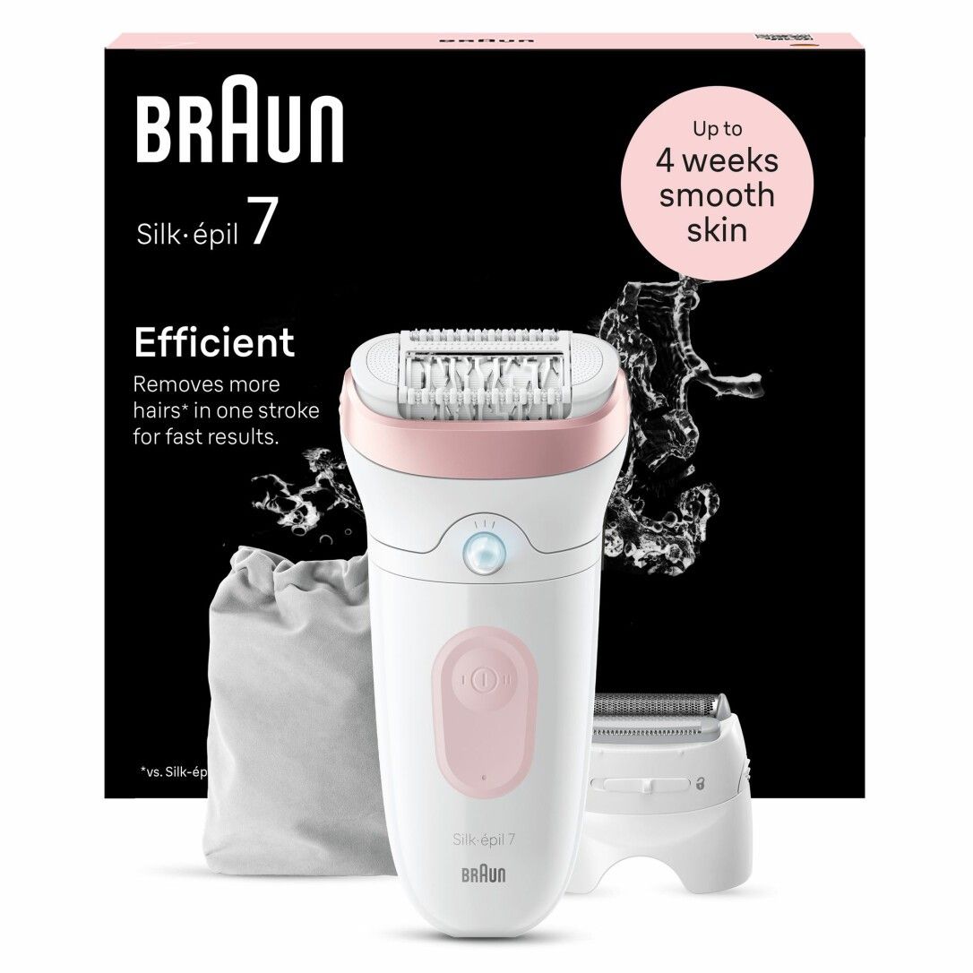 Épilateur blanc et rose, accessoires et emballage. Marque: Braun Silk-épil 7. Efficace.