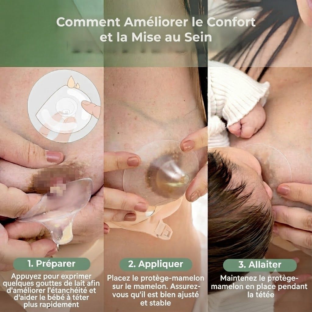 Guide pour améliorer le confort et la mise au sein en trois étapes : Préparer, Appliquer, Allaiter.