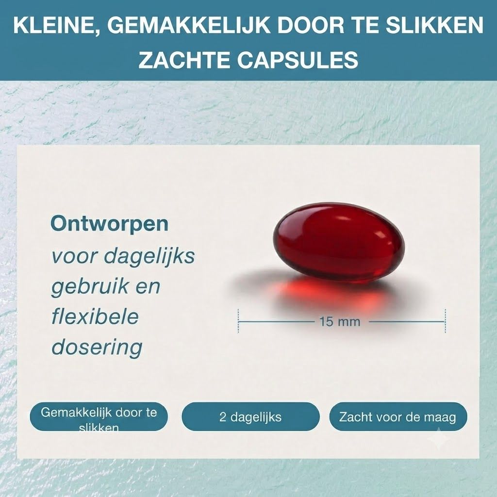 Kleine, makkelijk door te slikken zachte capsules (15mm), flexibele dosering.
