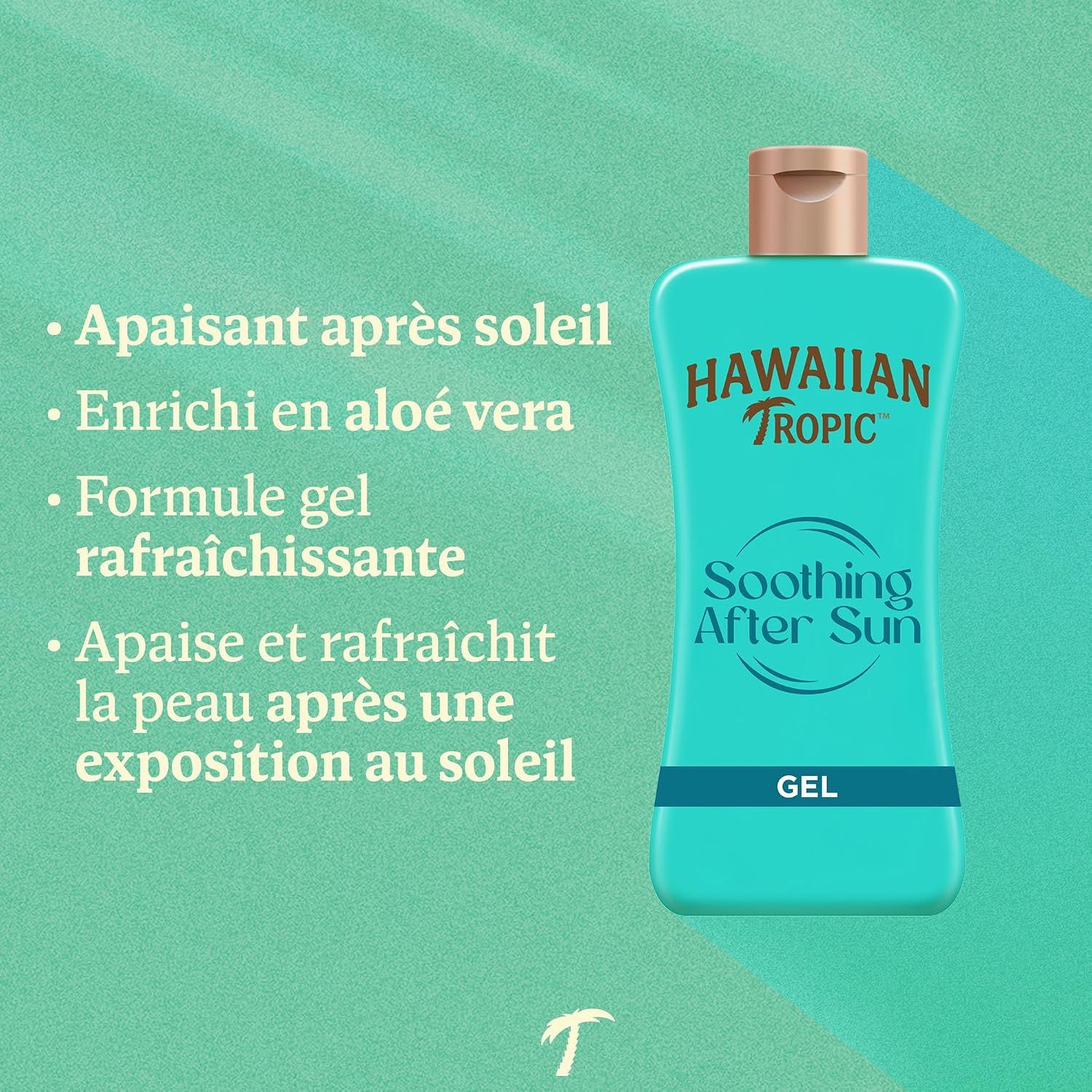 Flacon turquoise de gel après-soleil Hawaiian Tropic, enrichi à l'aloe vera.