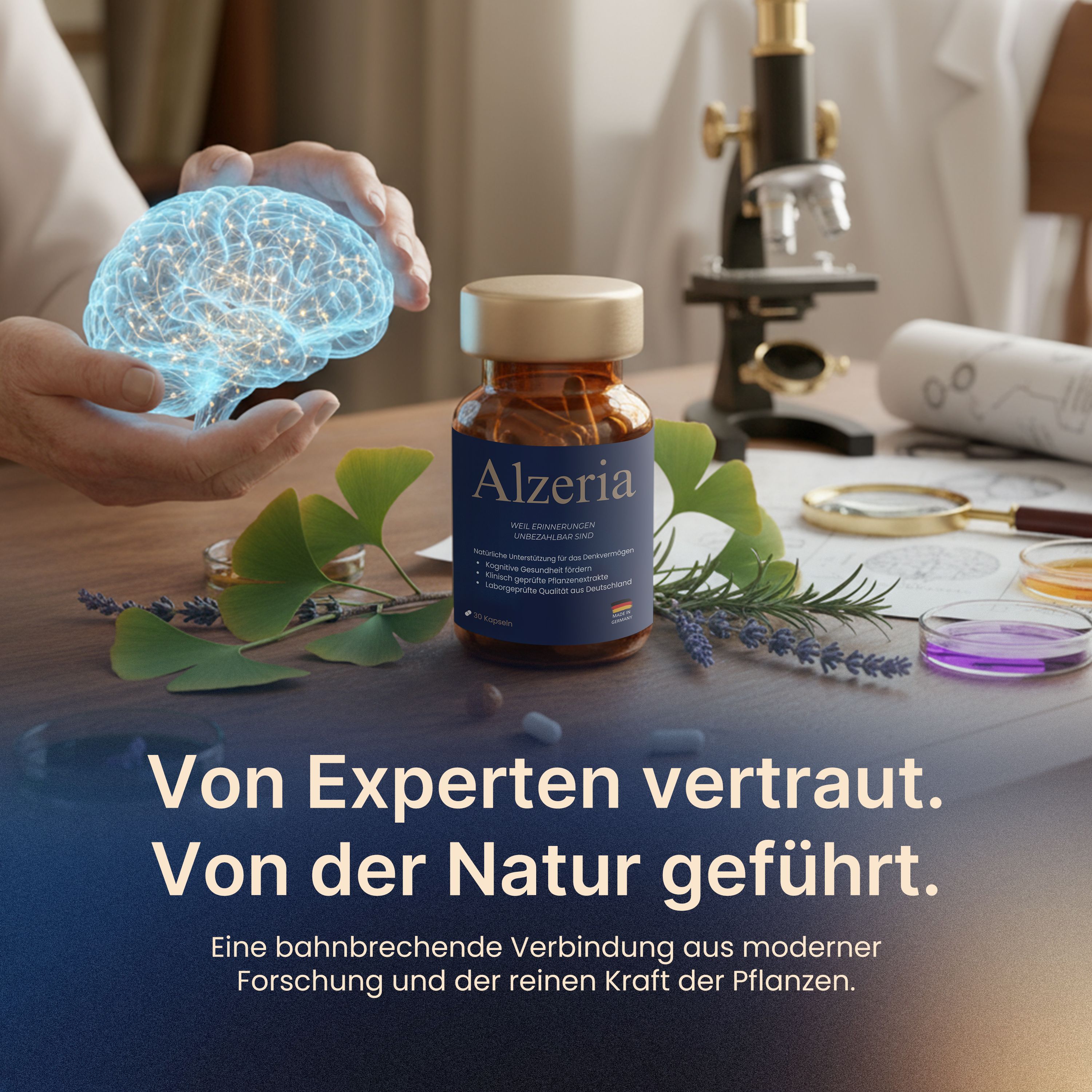 Een fles Alzeria naast ginkgo bladeren en een microscoop. Tekst: Vertrouwd door experts. Geleid door de natuur.