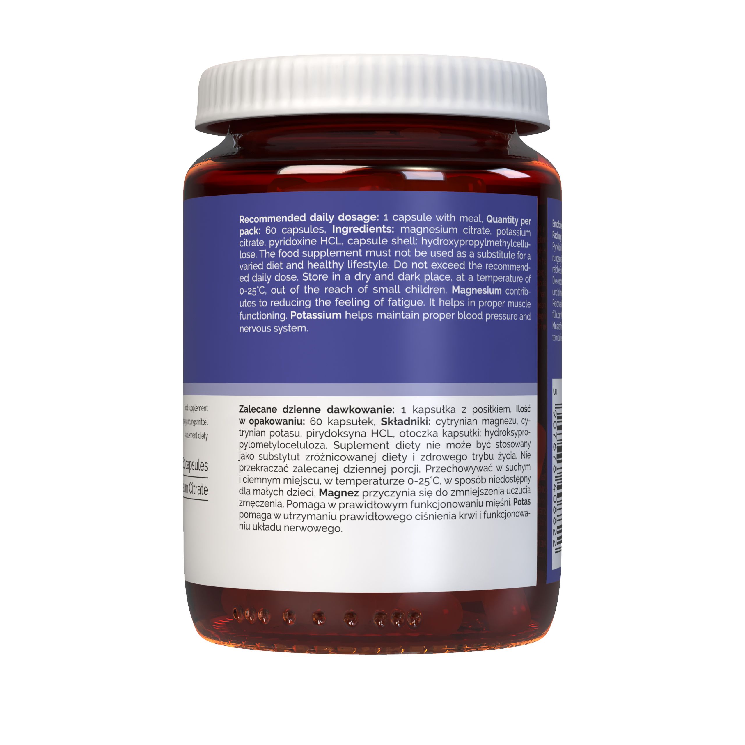 Achterkant van het Vitaler's Magnesium + Kalium + B6 potje met productinformatie.