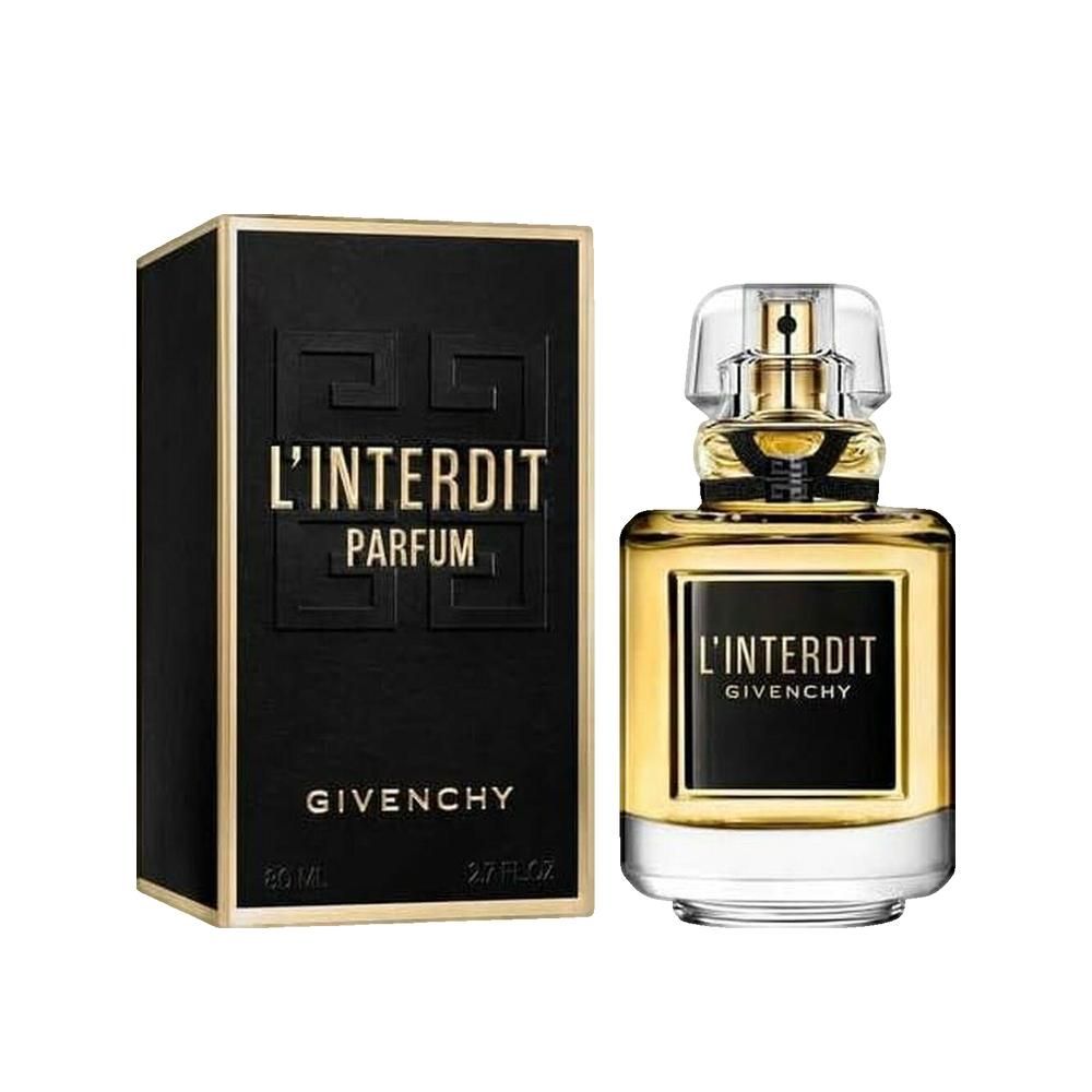 Flacon de parfum et boîte. Flacon avec liquide doré. Inscription L'INTERDIT PARFUM et GIVENCHY. Boîte noire.
