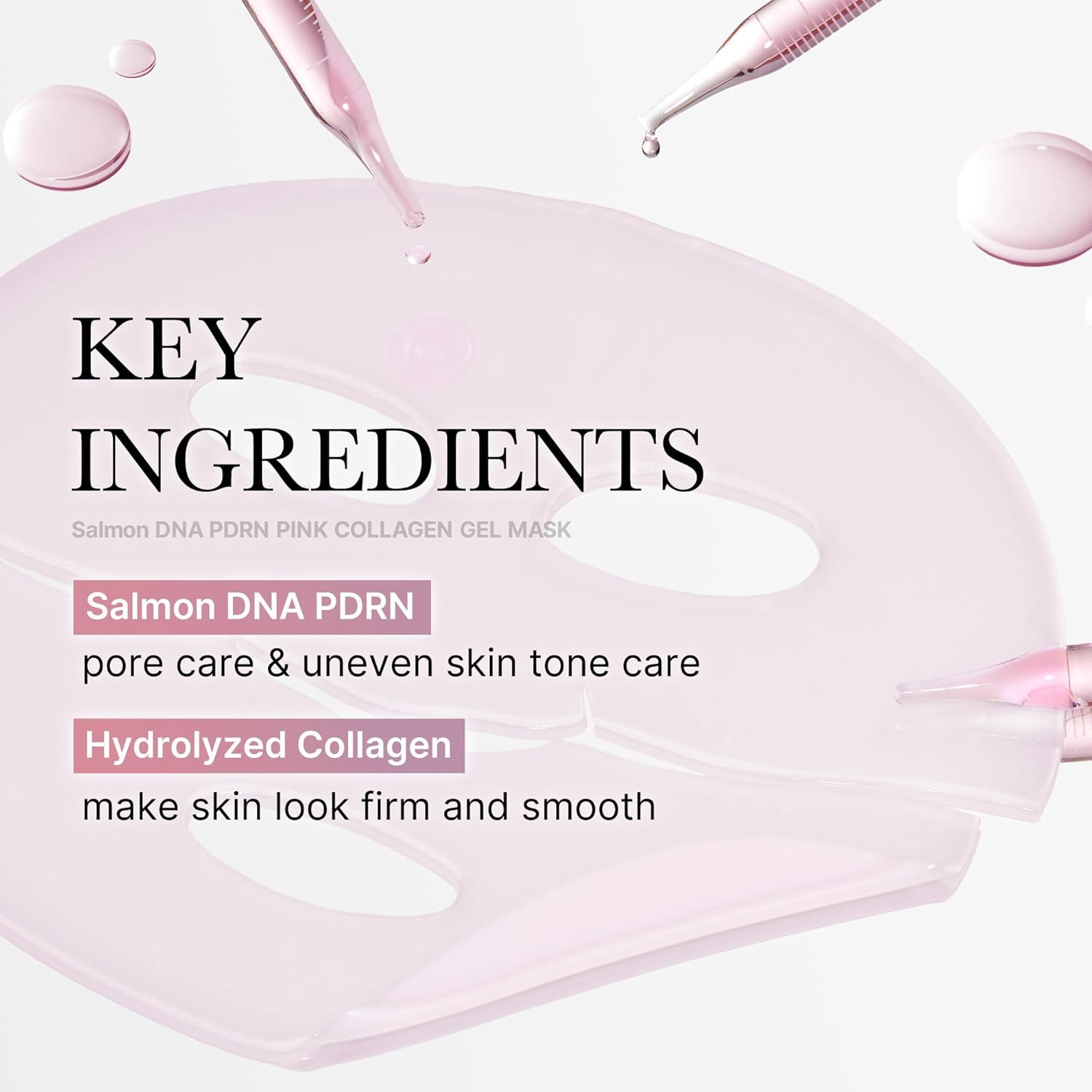 Masque facial en gel rose. Texte : KEY INGREDIENTS, Salmon DNA PDRN, pore care & uneven skin tone care, Hydrolyzed Collagen.