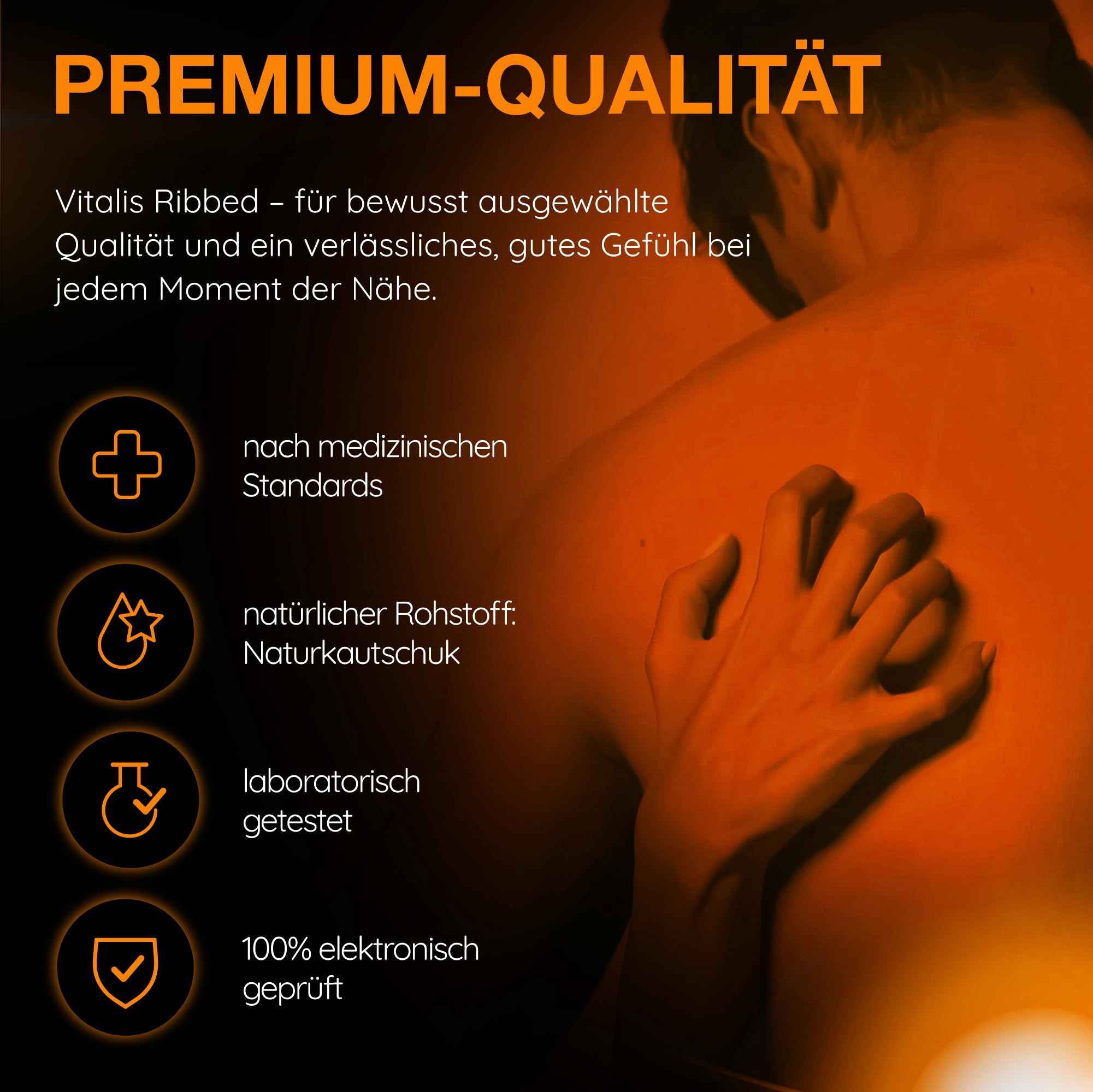 Préservatifs Vitalis : Normes médicales, caoutchouc naturel, testé en laboratoire, 100% testé électroniquement.