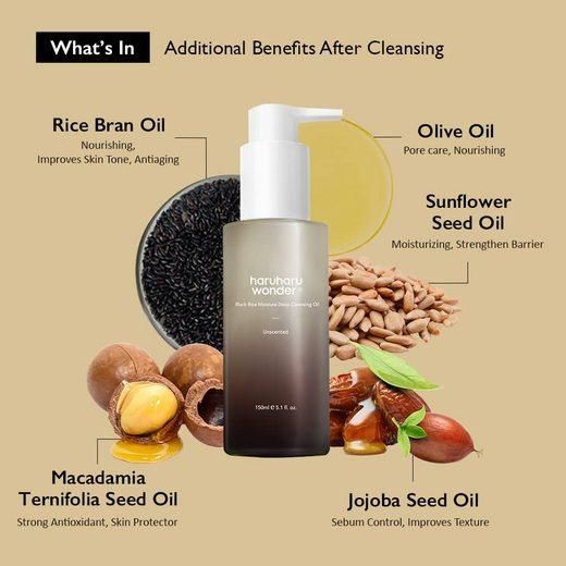 Fles met pomp en ingrediënten. Tekst: Rice Bran Oil, Olive Oil, Sunflower Seed Oil, Macadamia Ternifolia Seed Oil, Jojoba Seed Oil.