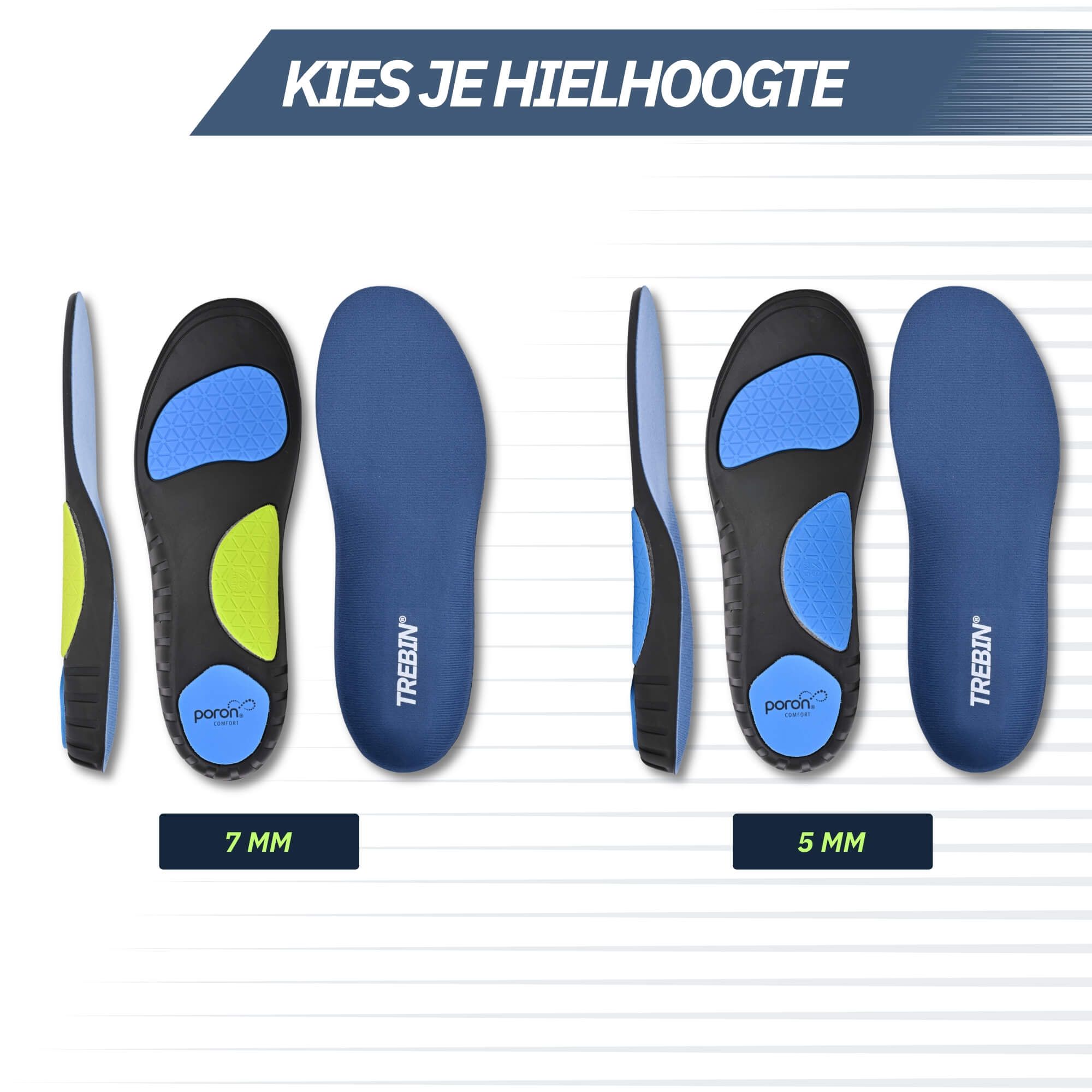 Inlegzolen van 7 mm en 5 mm dik, met zijaanzicht en bovenaanzicht.