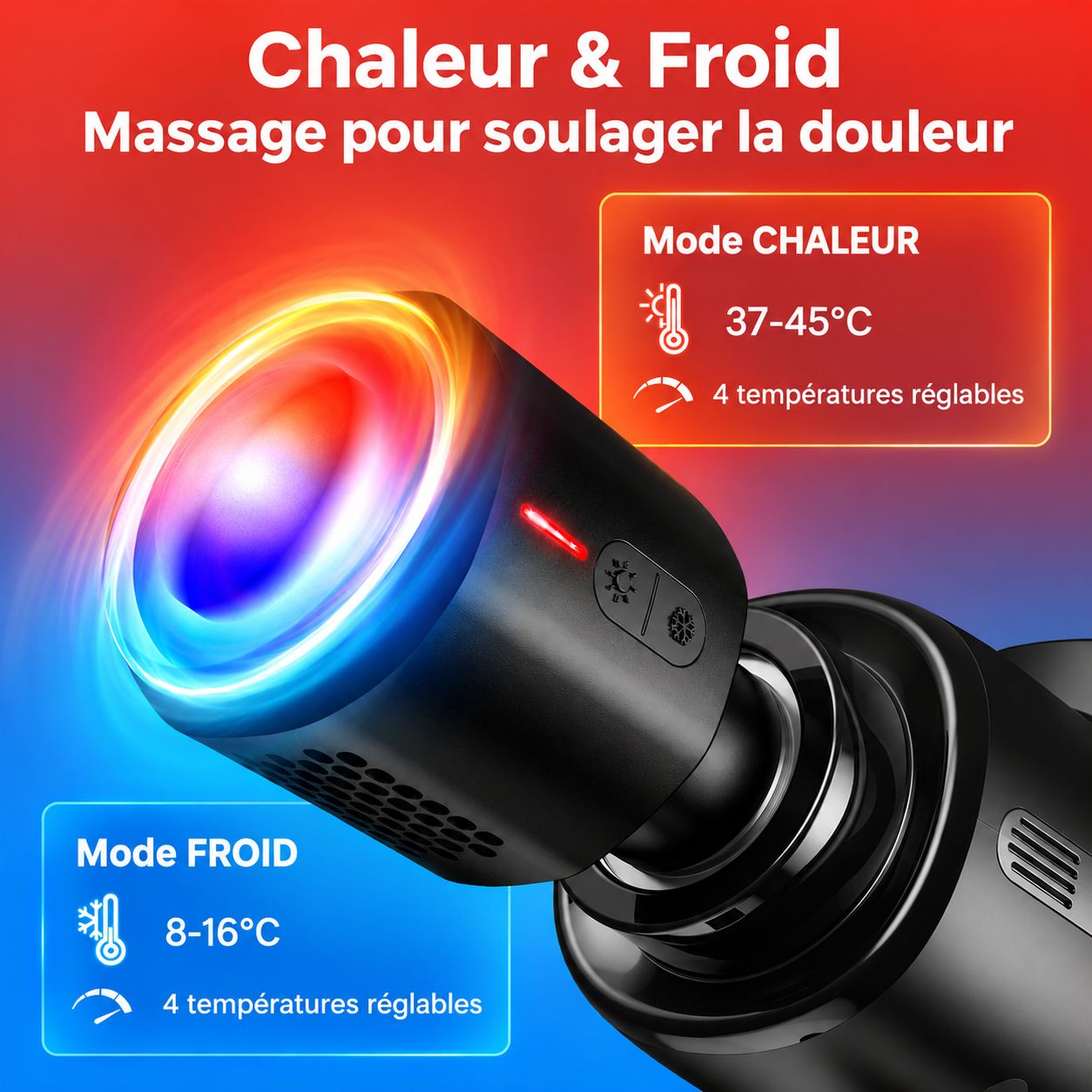 Pistolet de massage noir avec modes chaud et froid. Mode chaud : 37-45°C, 4 niveaux. Mode froid : 8-16°C, 4 niveaux.