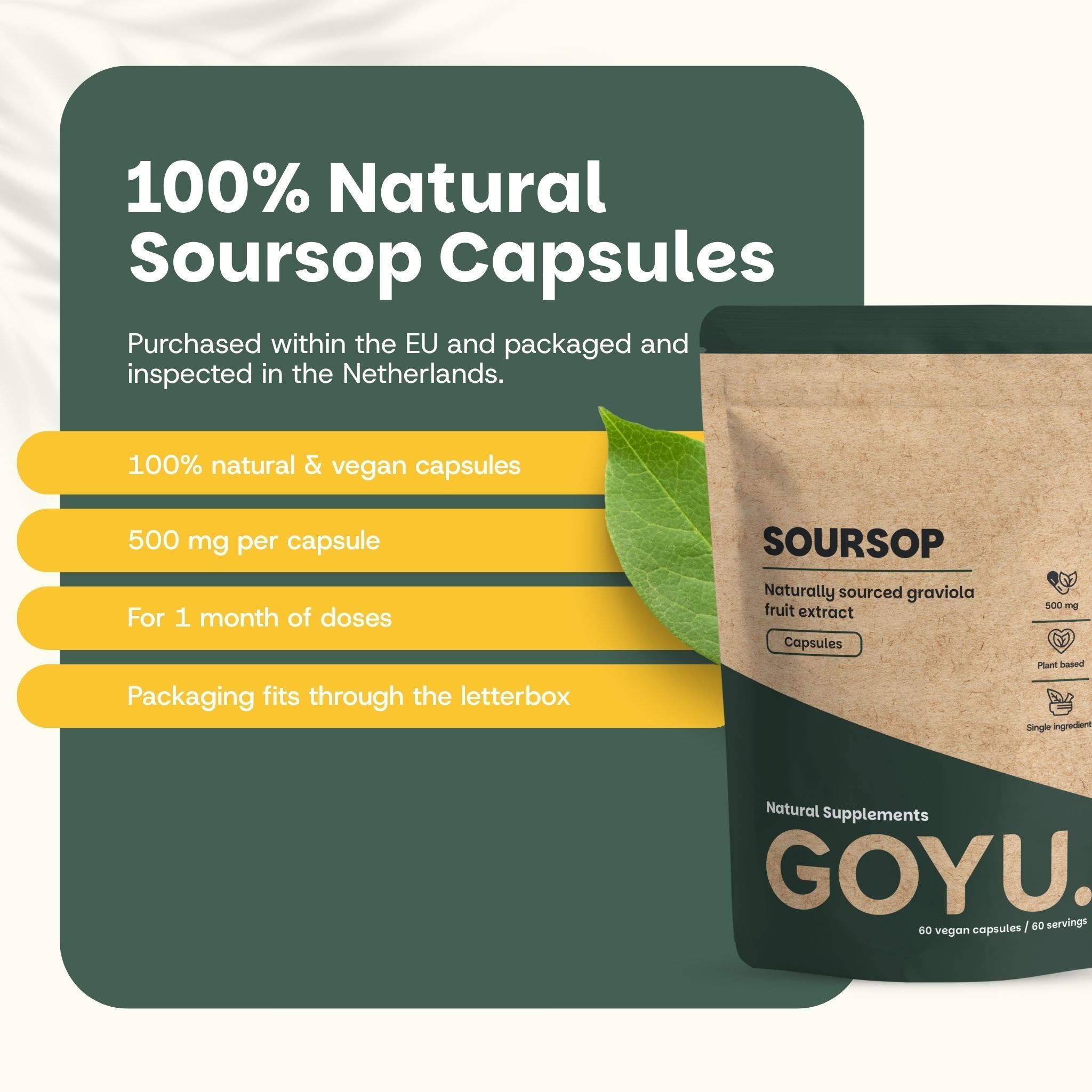 Capsules Soursop 100% naturelles : 500 mg, vegan, pour 1 mois, passe par la boîte aux lettres.