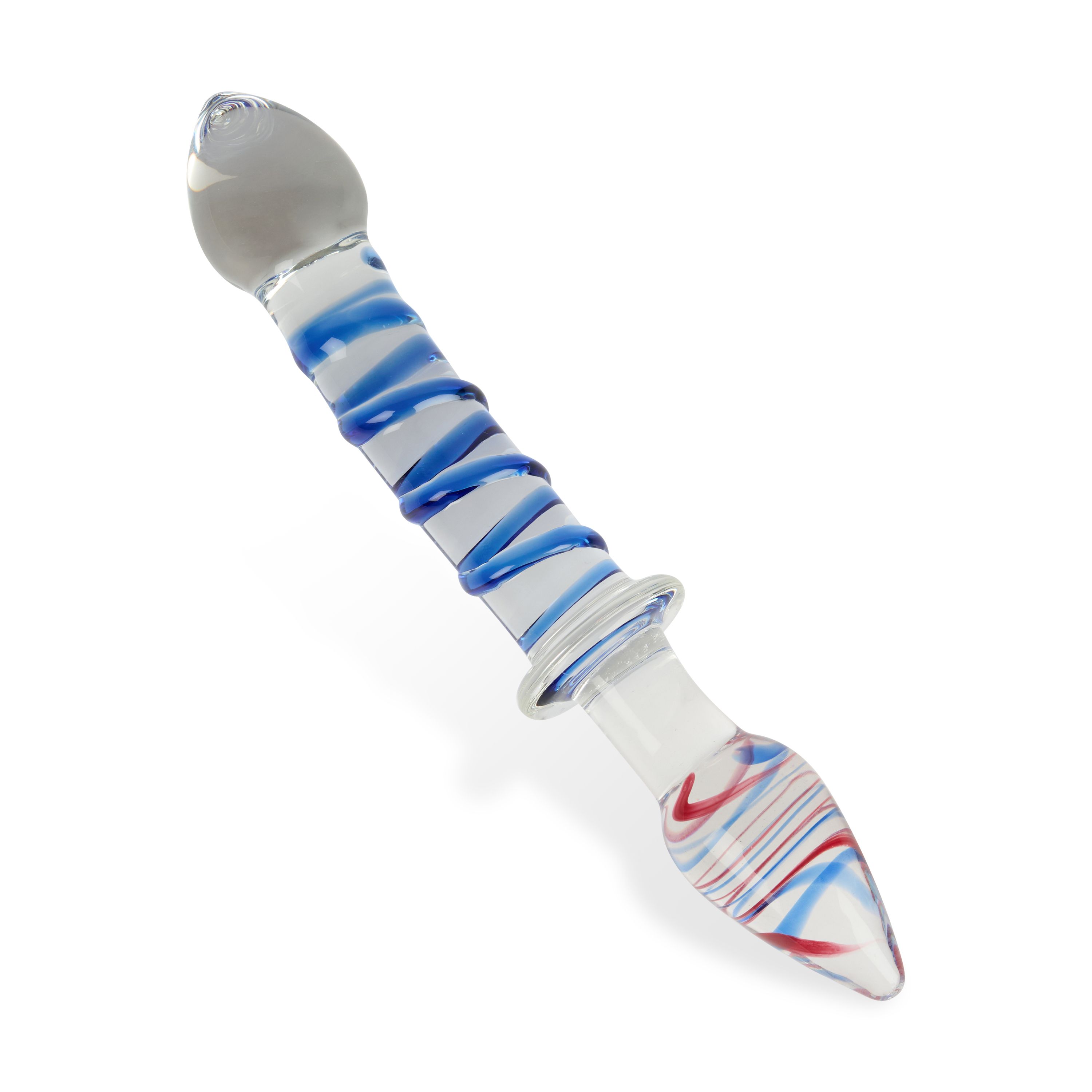 Stimulateur anal en verre, spirale bleue et blanche, accents rouges. Verre clair, extrémités arrondies. Vue détaillée.
