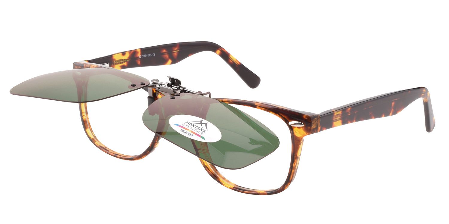 Lunettes de soleil avec clip-on. Monture écaille de tortue. Logo "MONTANA EYEWEAR POLARIZED".