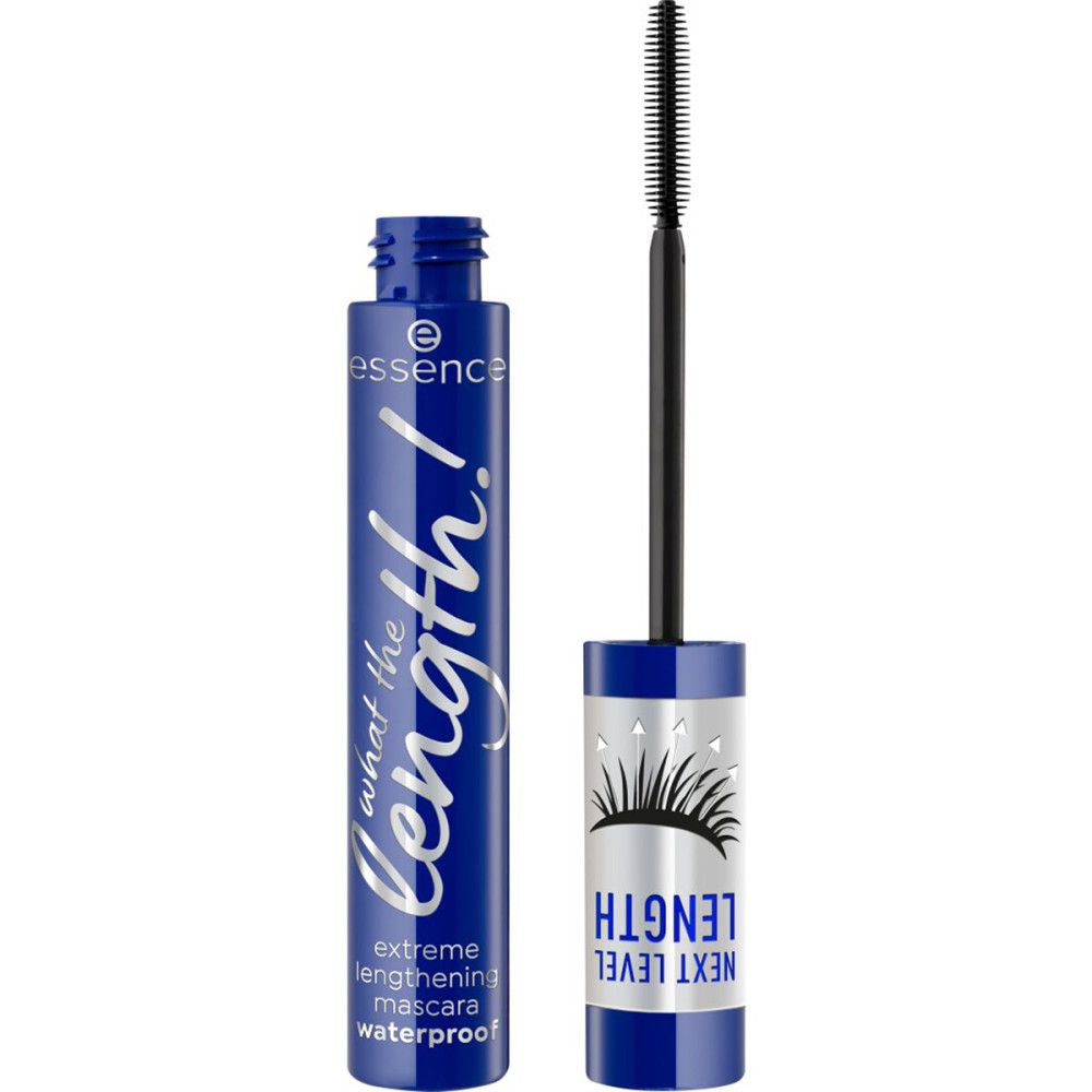 Blauwe mascarabuis met zilveren tekst. De applicator is eruit. Op de buis staat "what the Length!" en "essence".