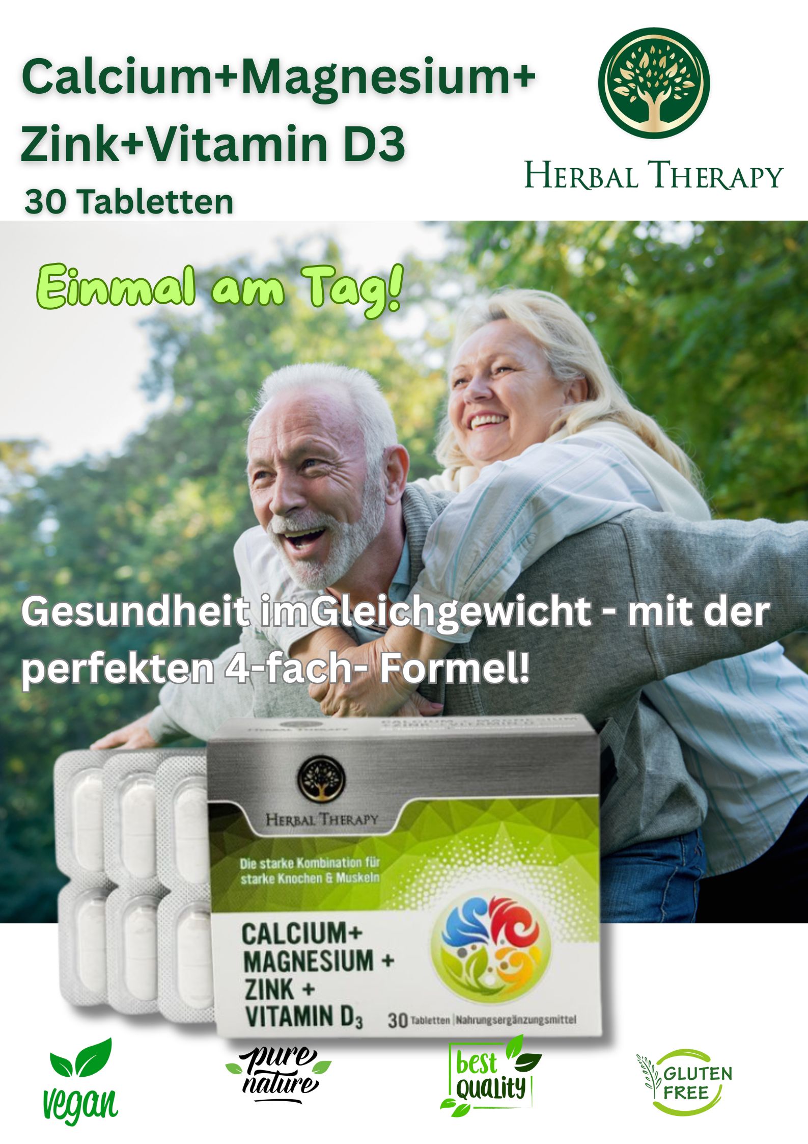 Reclamebeeld met product en oudere mensen. Product: Calcium, Magnesium, Zink, Vitamine D3. Logo: Herbal Therapy. 30 tabletten. Glutenvrij.