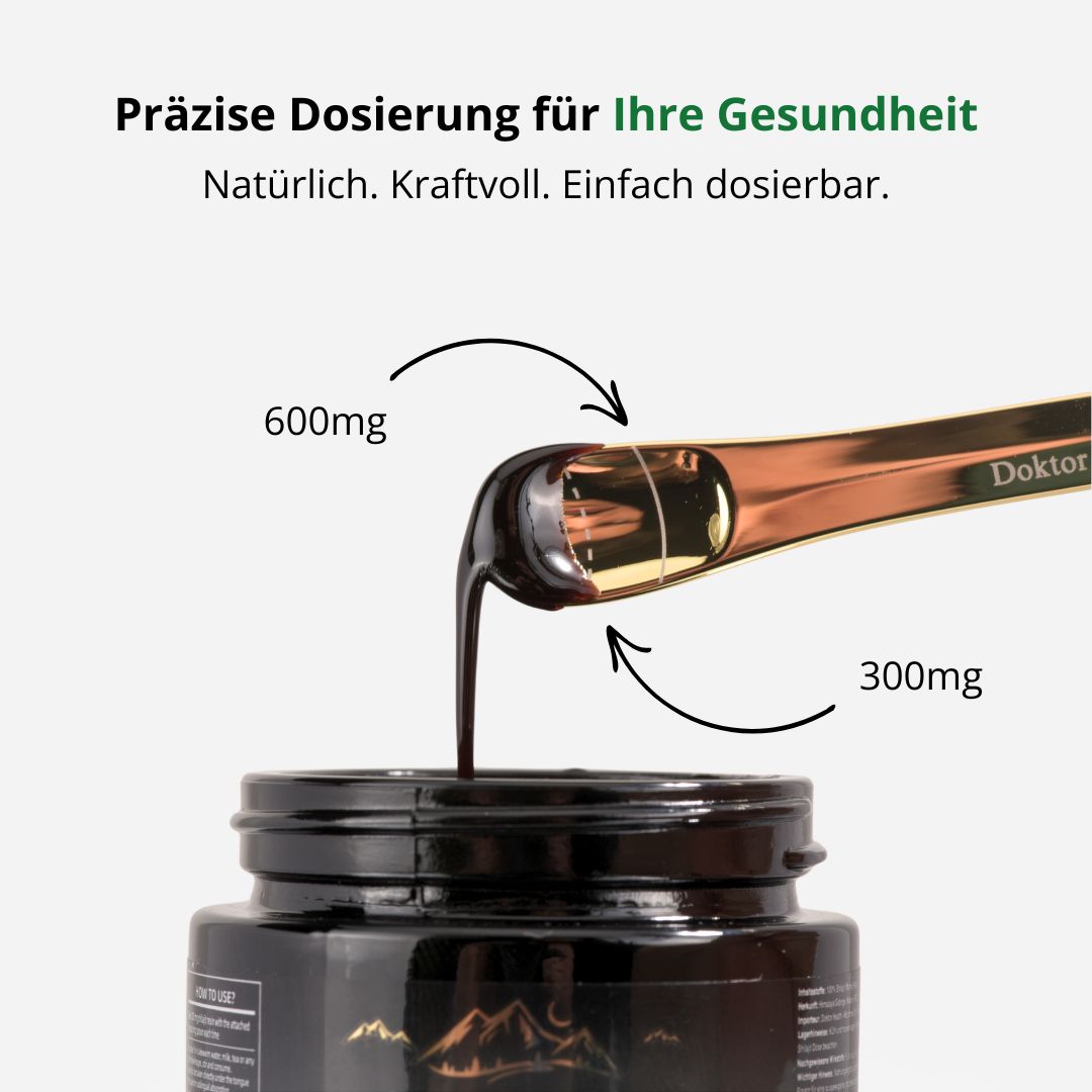 Dosering: Shilajit wordt met een lepel ingenomen. Dosering van 600mg en 300mg. Productnaam: Doktor Health.