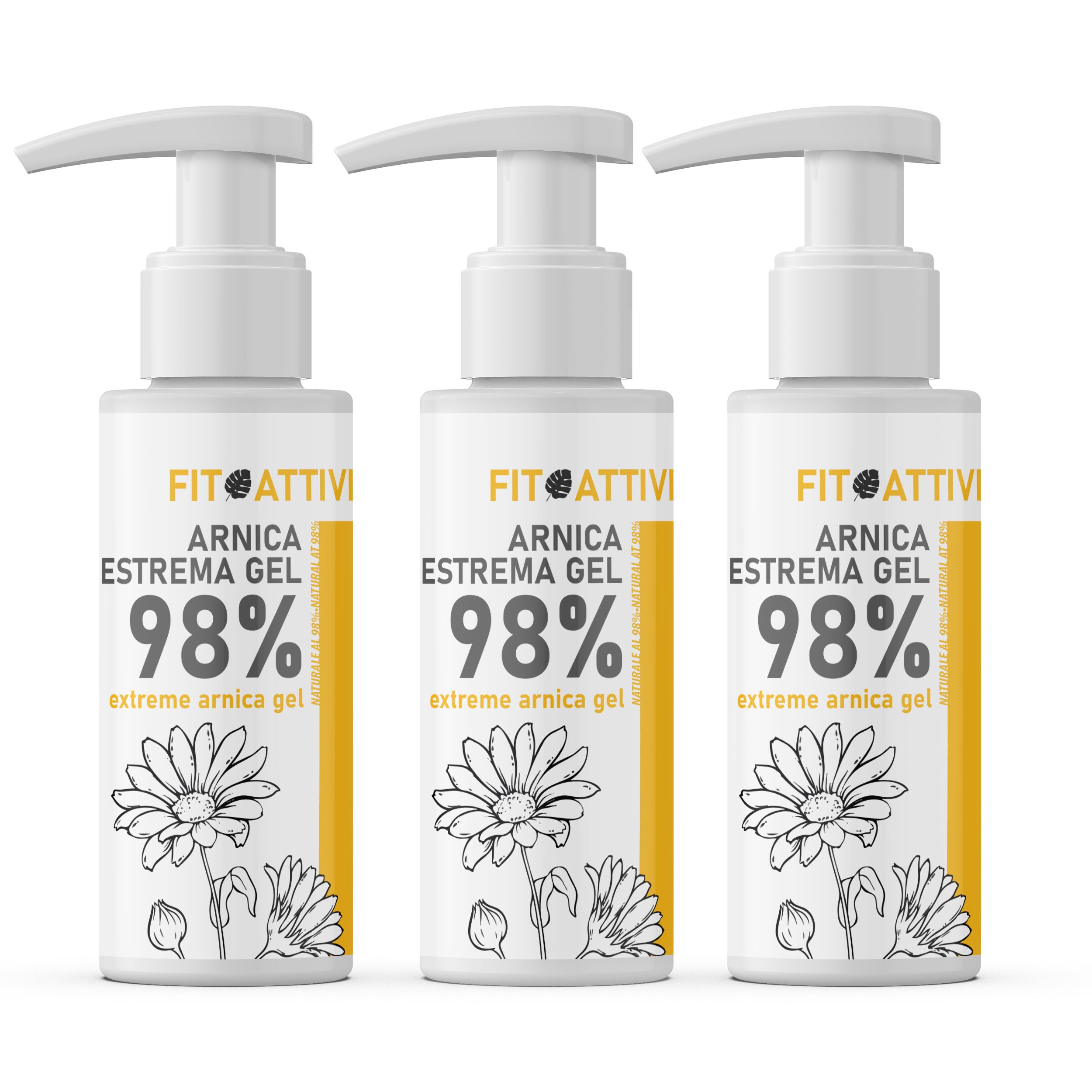 Drie witte flessen met pompsluiting. Op elke fles staat "FIT ATTIVI ARNICA ESTREMA GEL 98%". 
