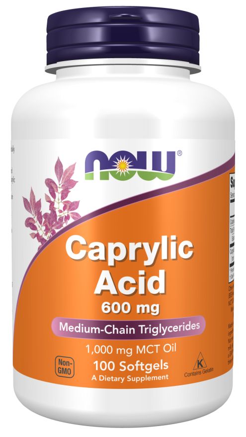 Witte fles met paarse dop. Etiket met "NOW" logo, "Caprylic Acid 600 mg" en "100 Softgels".