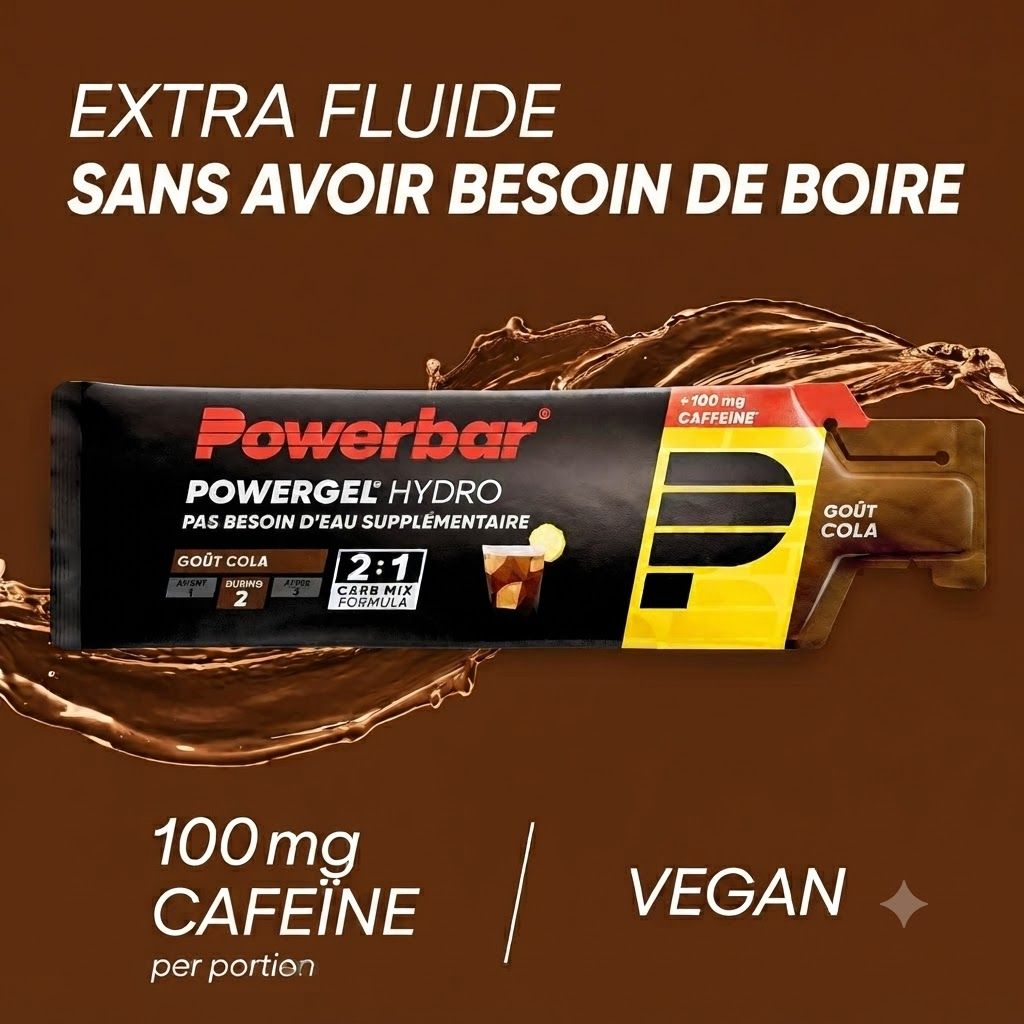 Pochette PowerBar PowerGel Hydro Cola avec points forts : 203 mg de sodium, 100 mg de caféine, vegan.