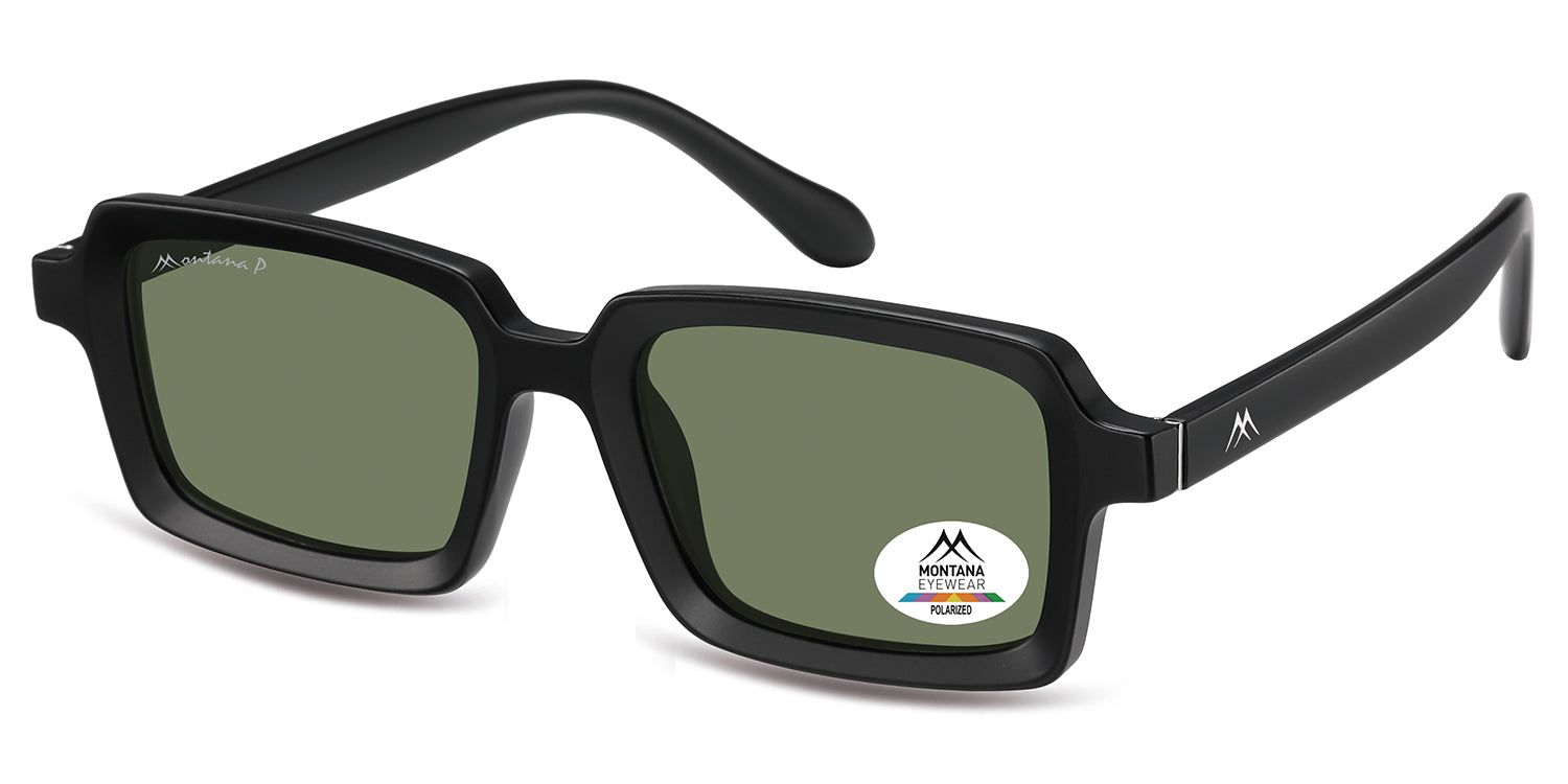 Lunettes de soleil noires, verres rectangulaires verts. Logo Montana Eyewear et sceau polarisé.