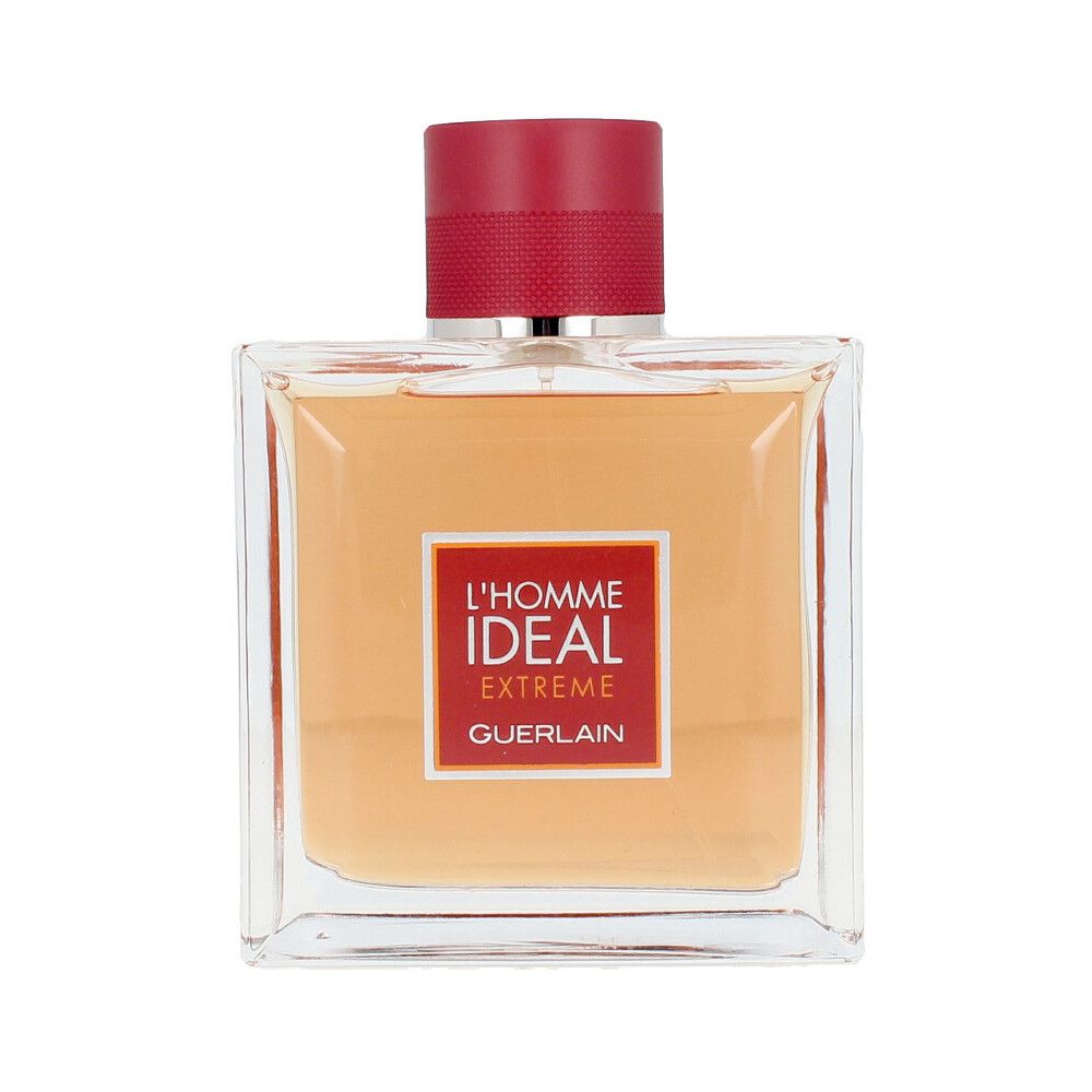 Guerlain L'Homme Idéal Extrême fles. Vierkante glazen fles met rode dop en etiket met productnaam.