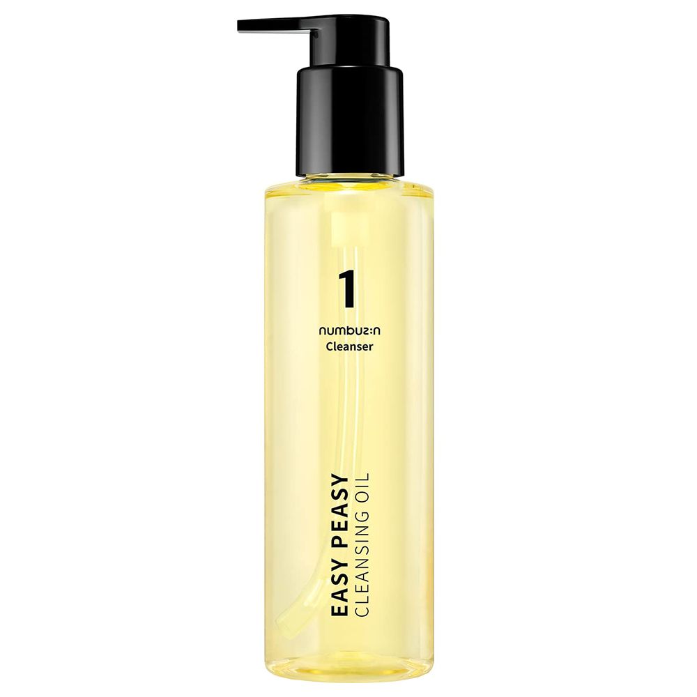 NUMBUZIN No.1 Easy Peasy Cleansing Oil : huile nettoyante transparente dans un flacon transparent avec pompe noire.