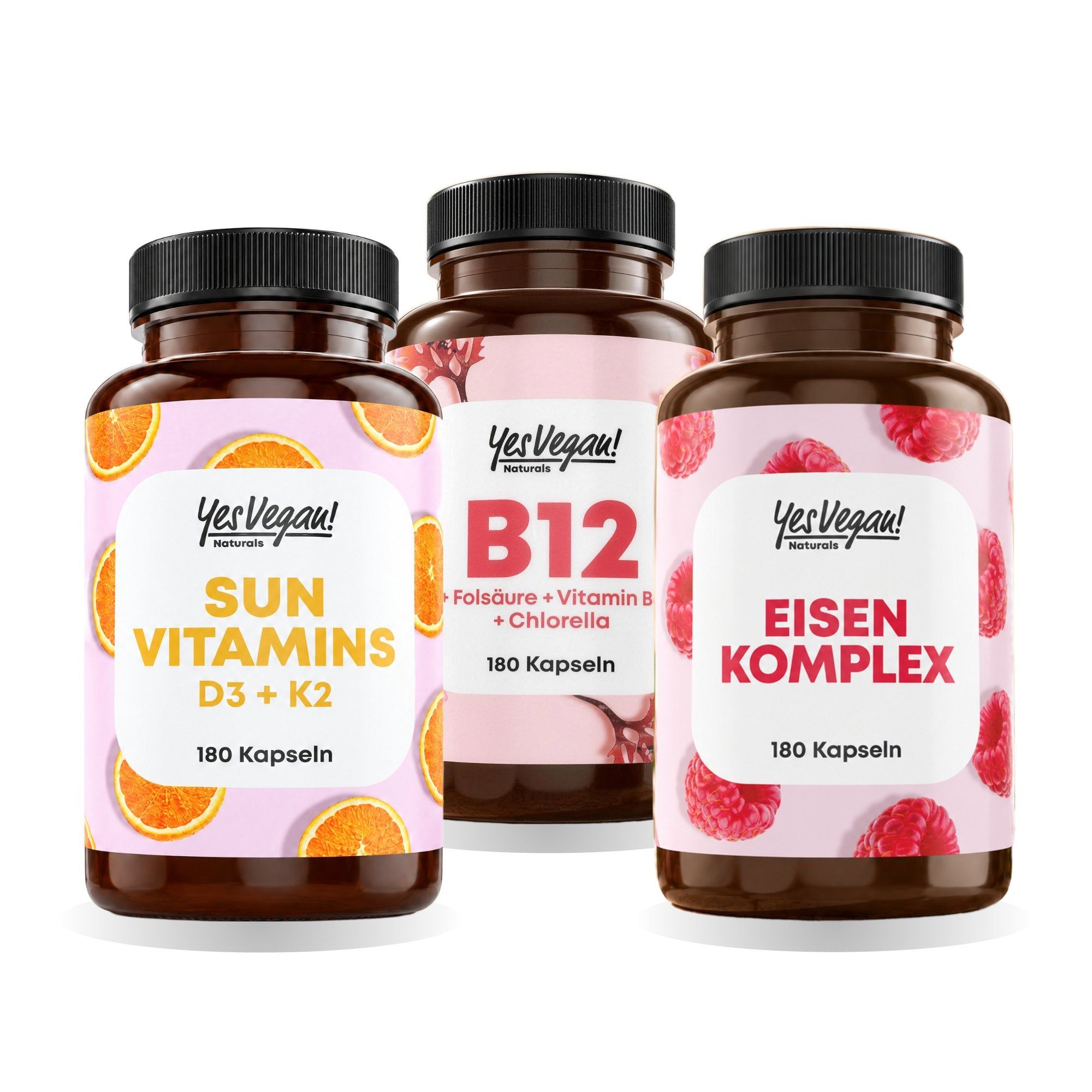 Trois bouteilles de compléments alimentaires : Sun Vitamins, B12 et Complexe de Fer.