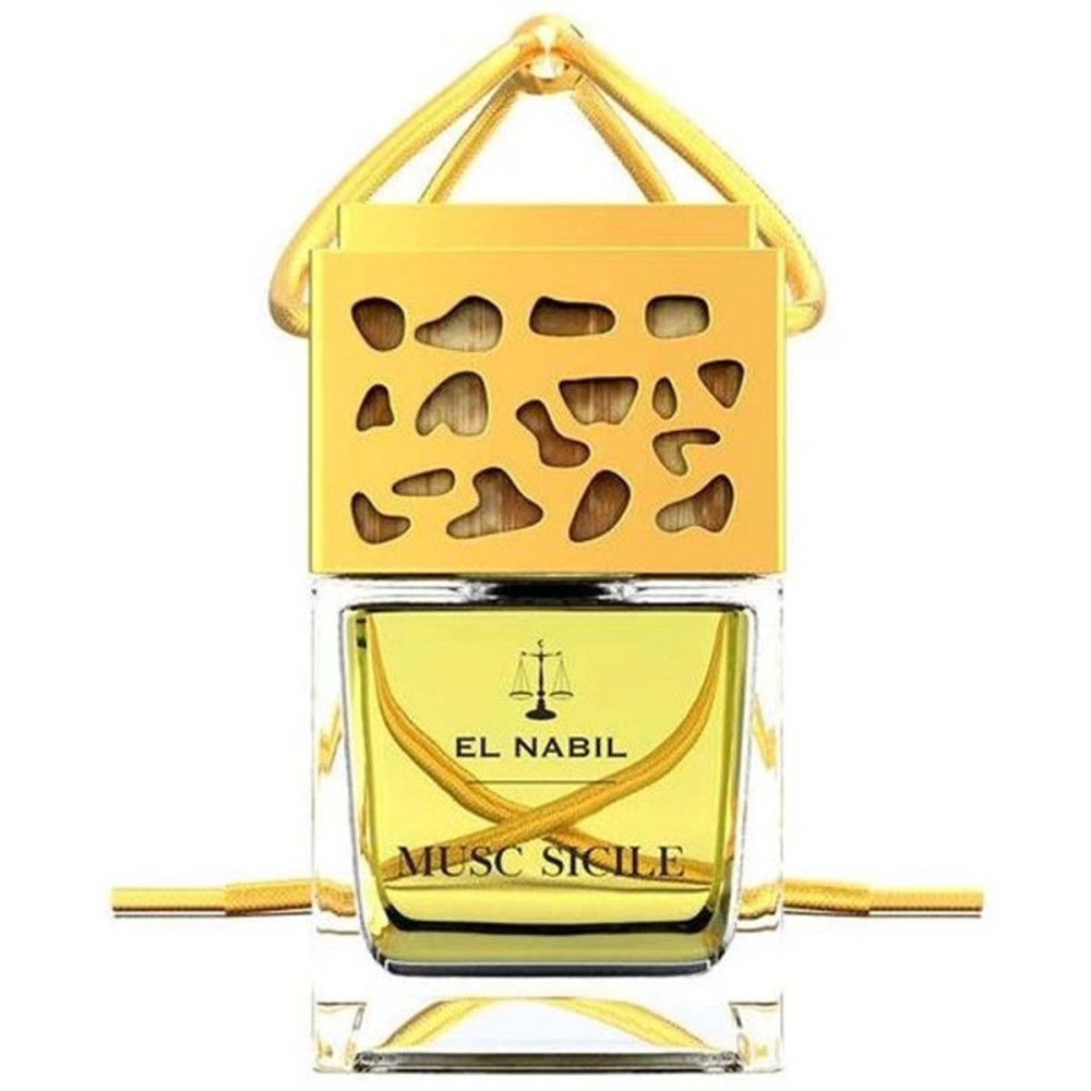 Flacon carré en verre avec couvercle doré. Inscription : EL NABIL, MUSC SICILE. Suspension dorée.