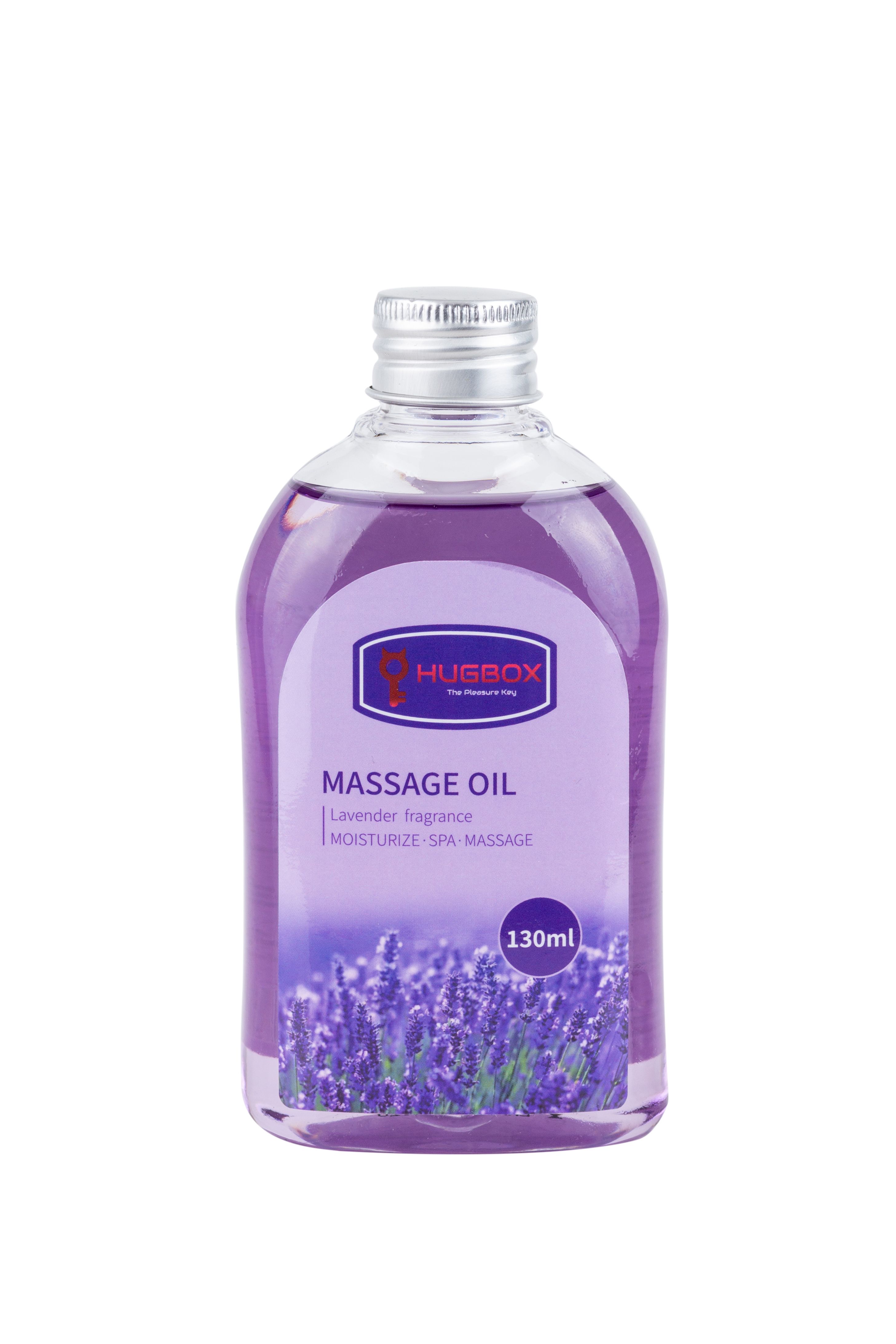 Fles HUGBOX massageolie, lavendelgeur. Paarse vloeistof, zilveren dop. Tekst: Massage Oil, 130ml.