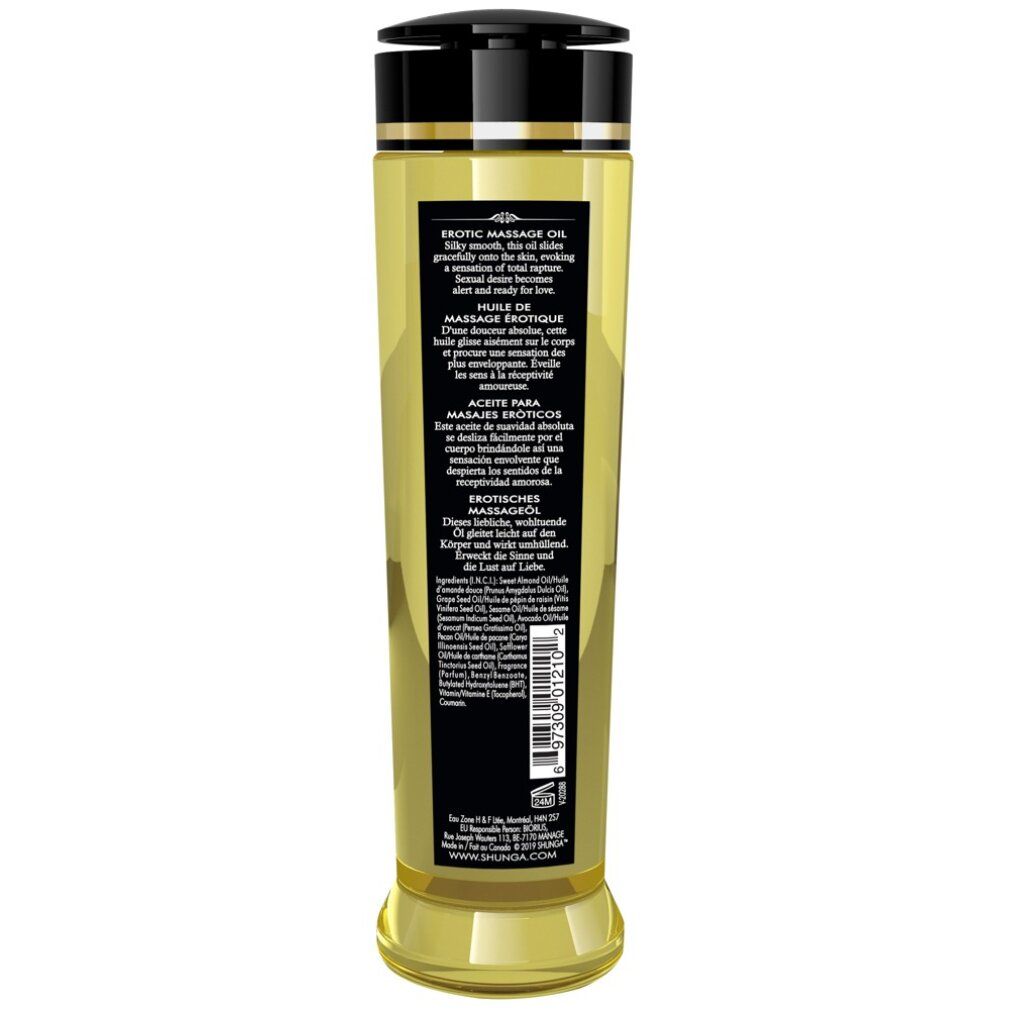Achterkant van een Shunga massageolie fles met productinformatie en barcode.