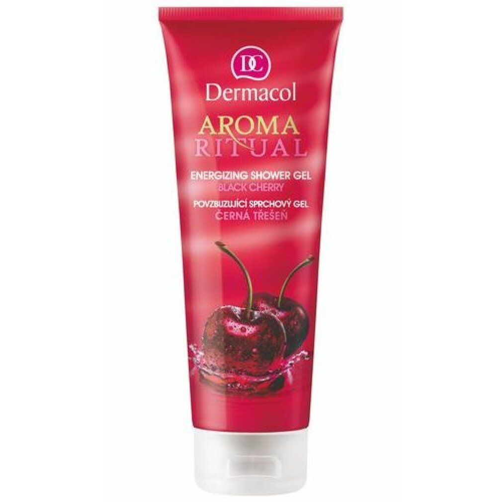 Tube rouge de gel douche Dermacol Aroma Ritual. Image de cerises et nom du produit. Bouchon blanc.