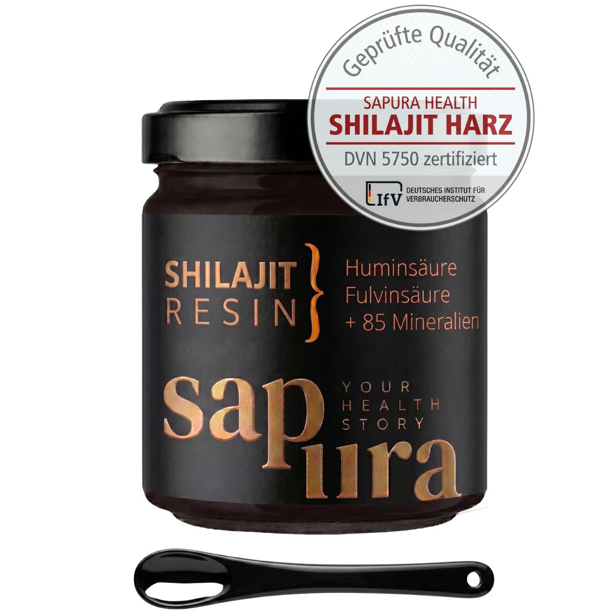 Shilajit Resin en bocal avec cuillère doseuse et sceau 'Qualité testée'.