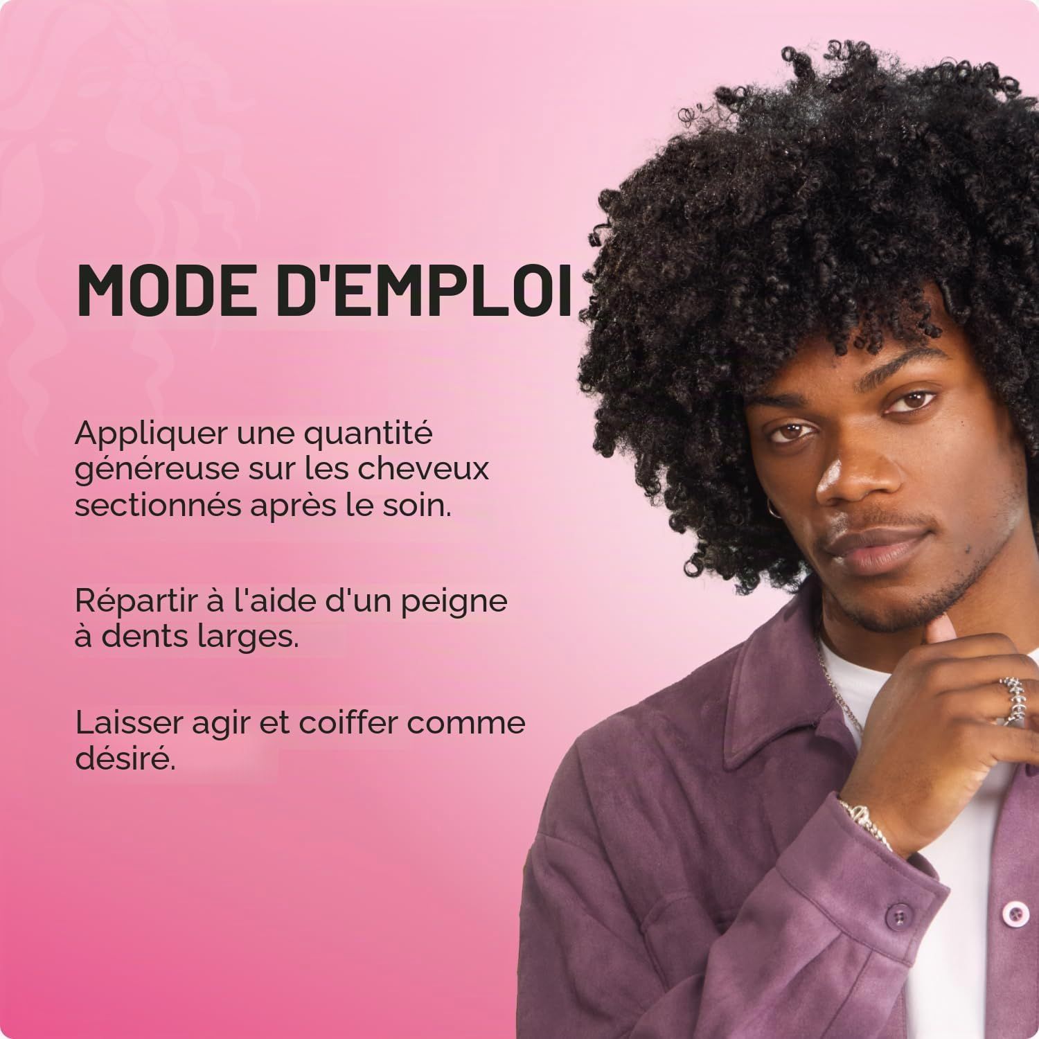 Mode d'emploi : Appliquer généreusement sur cheveux sectionnés après le soin. Répartir à l'aide d'un peigne à dents larges. Laisser agir et coiffer.
