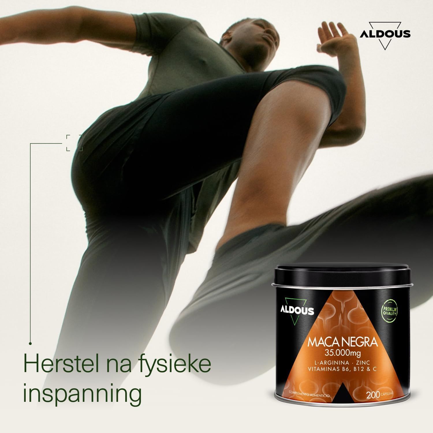 Aldous Maca Negra blik met 35.000mg, L-Arginine, Zink, Vitaminen B6, B12 & C. 200 stuks.