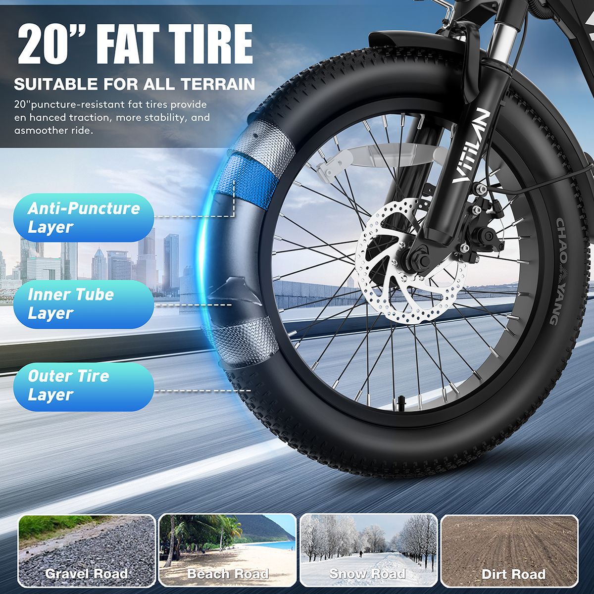 20" Fatbike band. Geschikt voor alle terreinen. Anti-leklaag, binnenband, buitenband. Grind, strand, sneeuw, aarde.