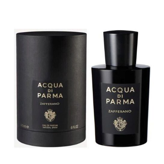 Zwarte fles en cilindrische verpakking. Opschrift: ACQUA DI PARMA Zafferano. 125ml, Eau de Parfum, Natural Spray.