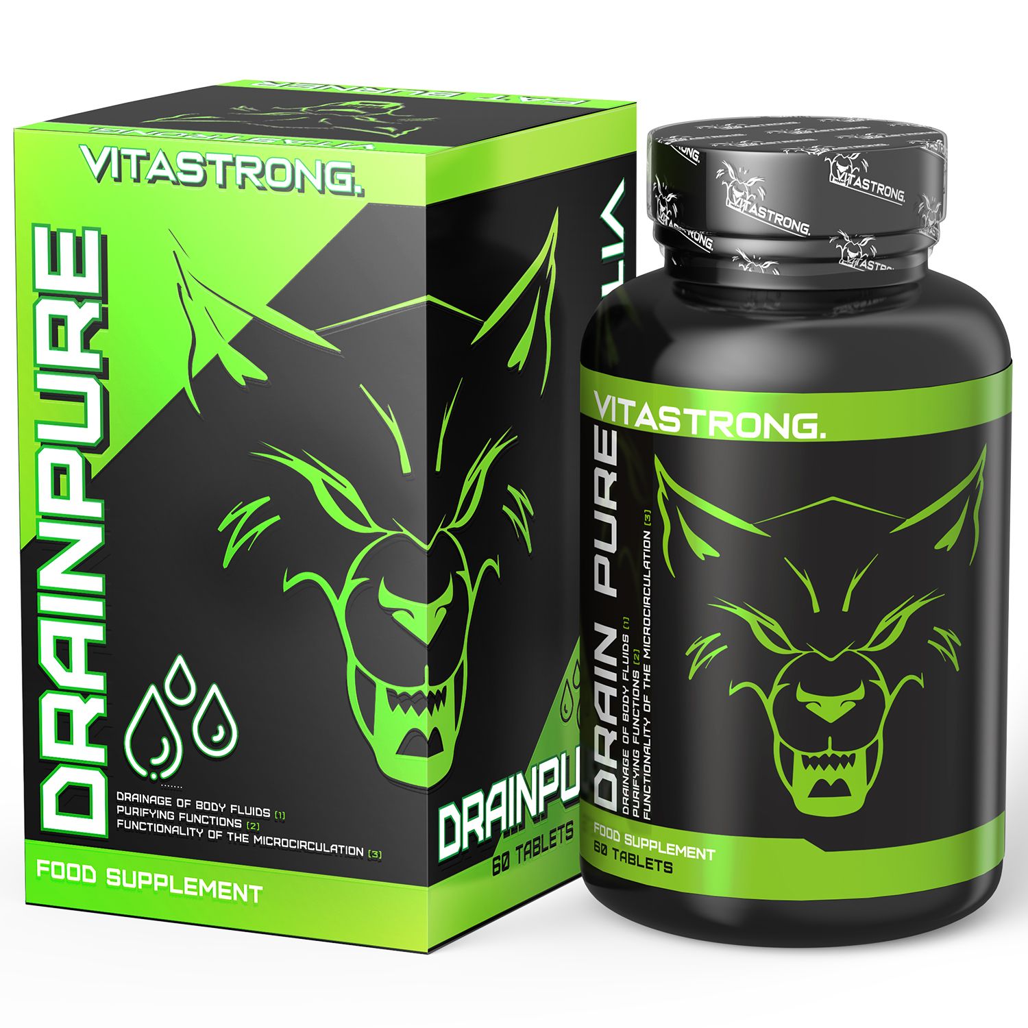 Tablettenpot en doos. Opschrift: Drain Pure, 60 tabletten. Groen-zwart design. Logo: wolfskop.