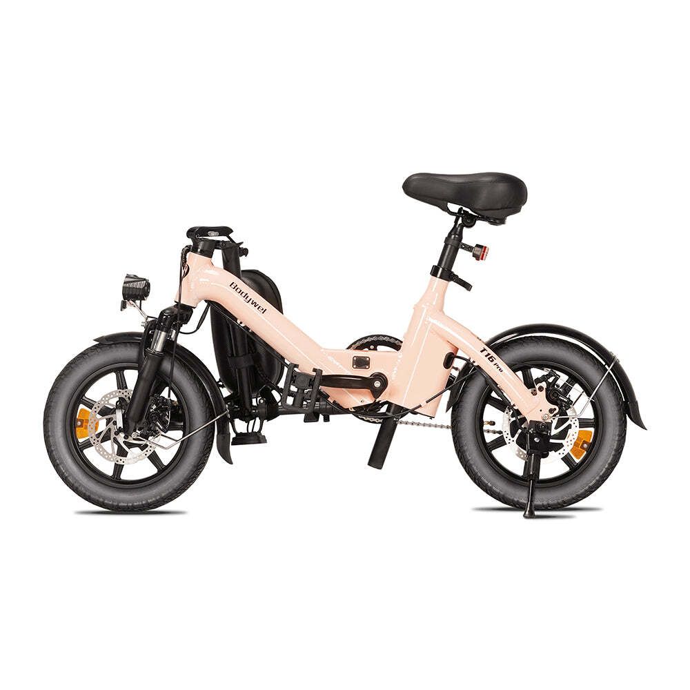 Roze opvouwbare e-bike. Zwarte banden, zadel en spatborden. Zichtbaar merk: Bodywel, model: T16 Pro.