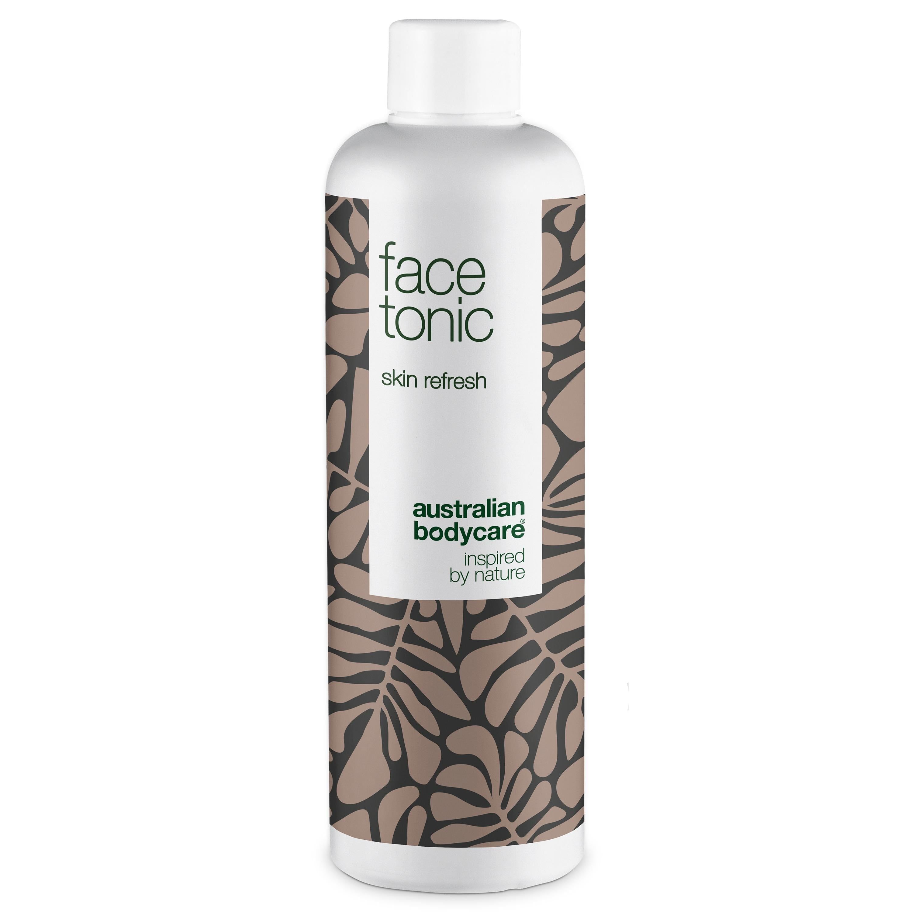 Flacon blanc avec motif feuilles marron. Texte : Face Tonic, Skin Refresh, Australian Bodycare.