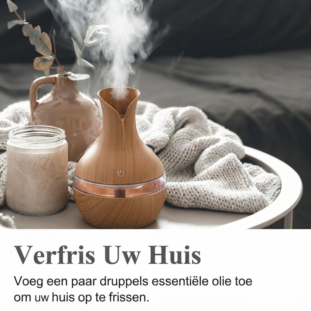Een houten diffuser met een koperkleurige band en een knop, die stoom afgeeft.