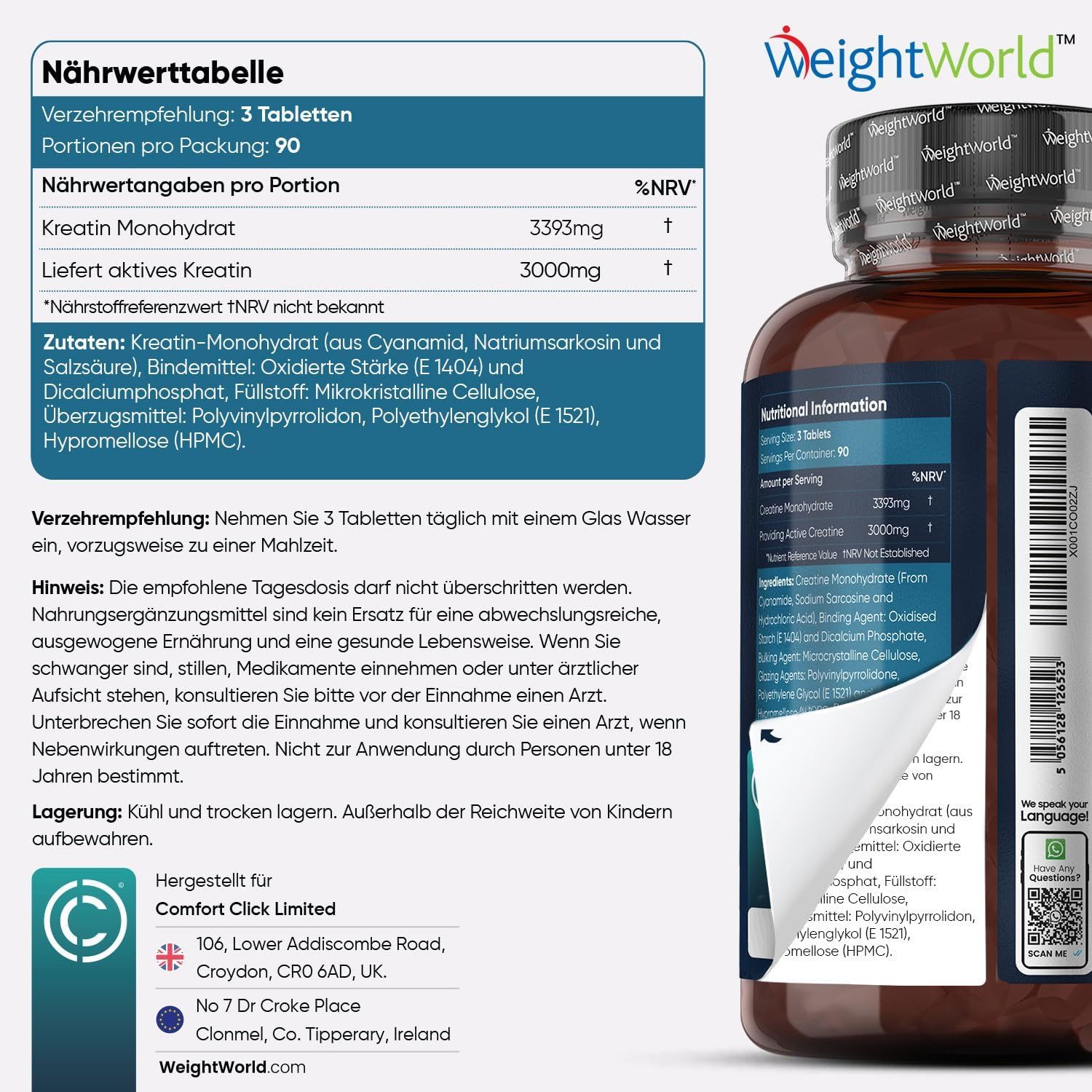 Tableau nutritionnel et flacon de comprimés. Texte : Créatine Monohydrate. 3393mg. 3000mg de créatine active. Ingrédients. Fabricant.