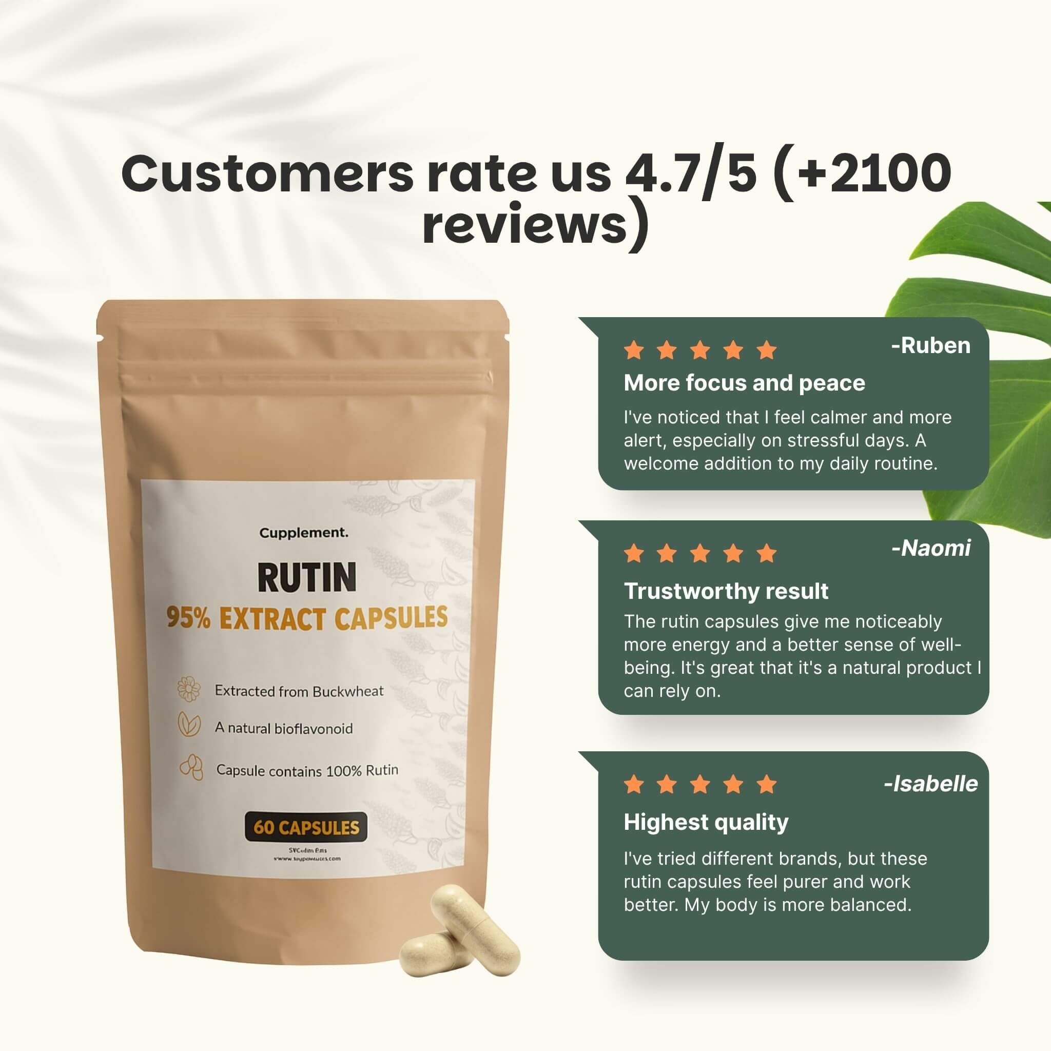 Sachet de gélules. Texte : Rutine 95% extrait. 60 gélules. Évaluation client 4.7/5. 3 avis.